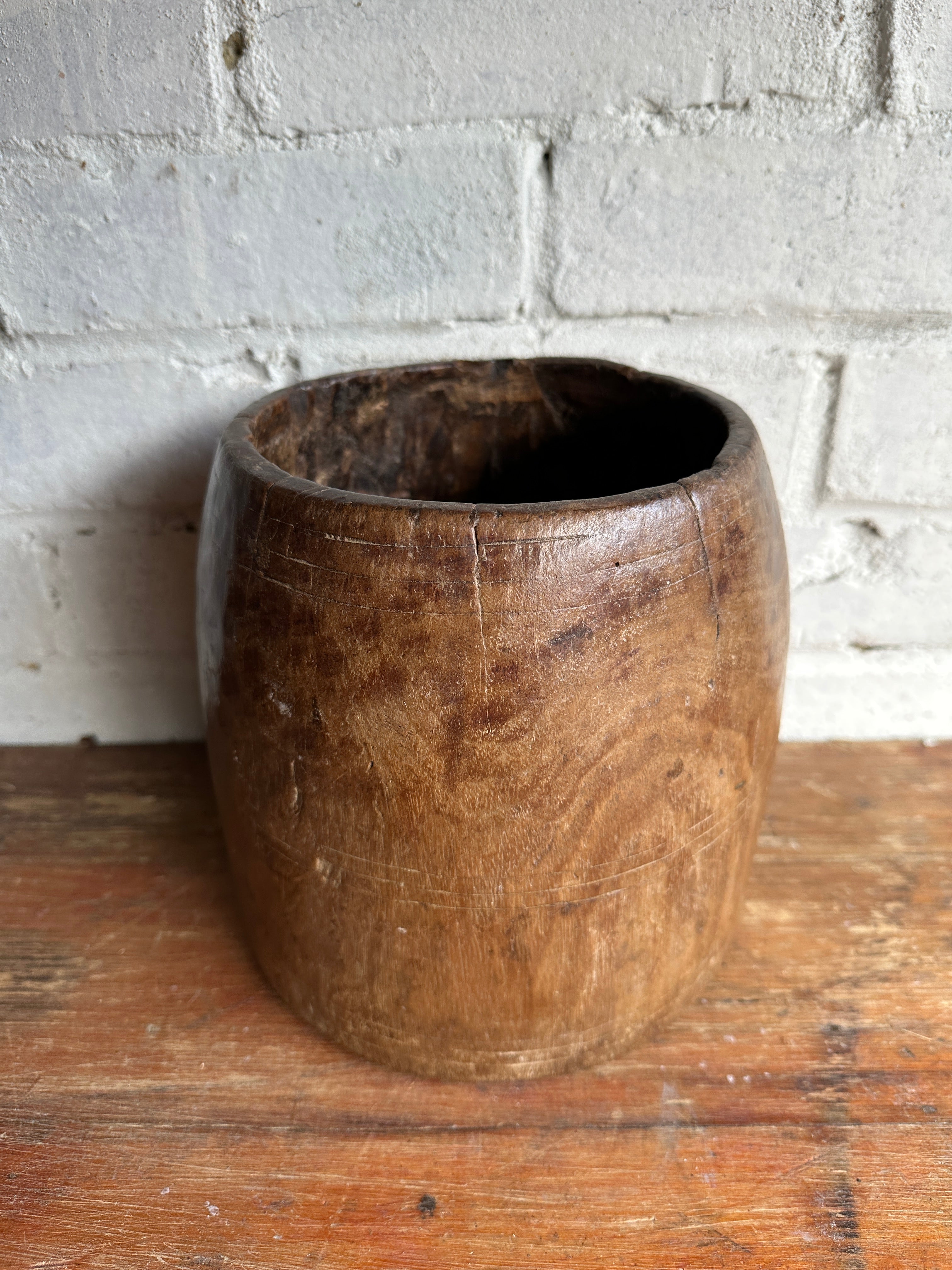 19th Century Indian Hand-Carved Wood Grain Measure Pot
