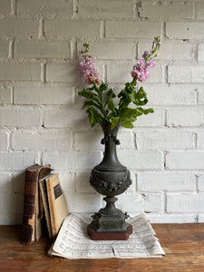 Antique Metal Urn with Wood Base