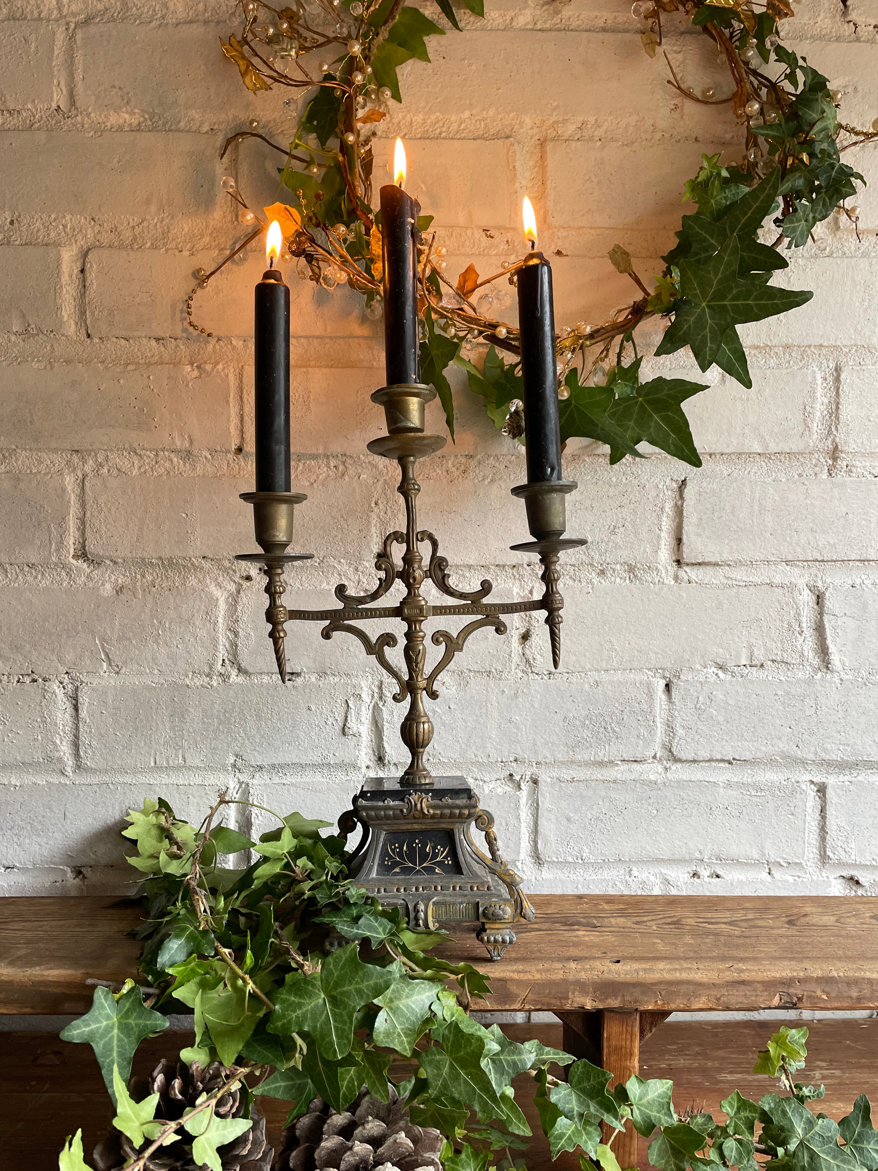 Brass and Black Marble Candelabra