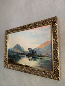 A Lake at Sunset:  Signed Oil on Canvas