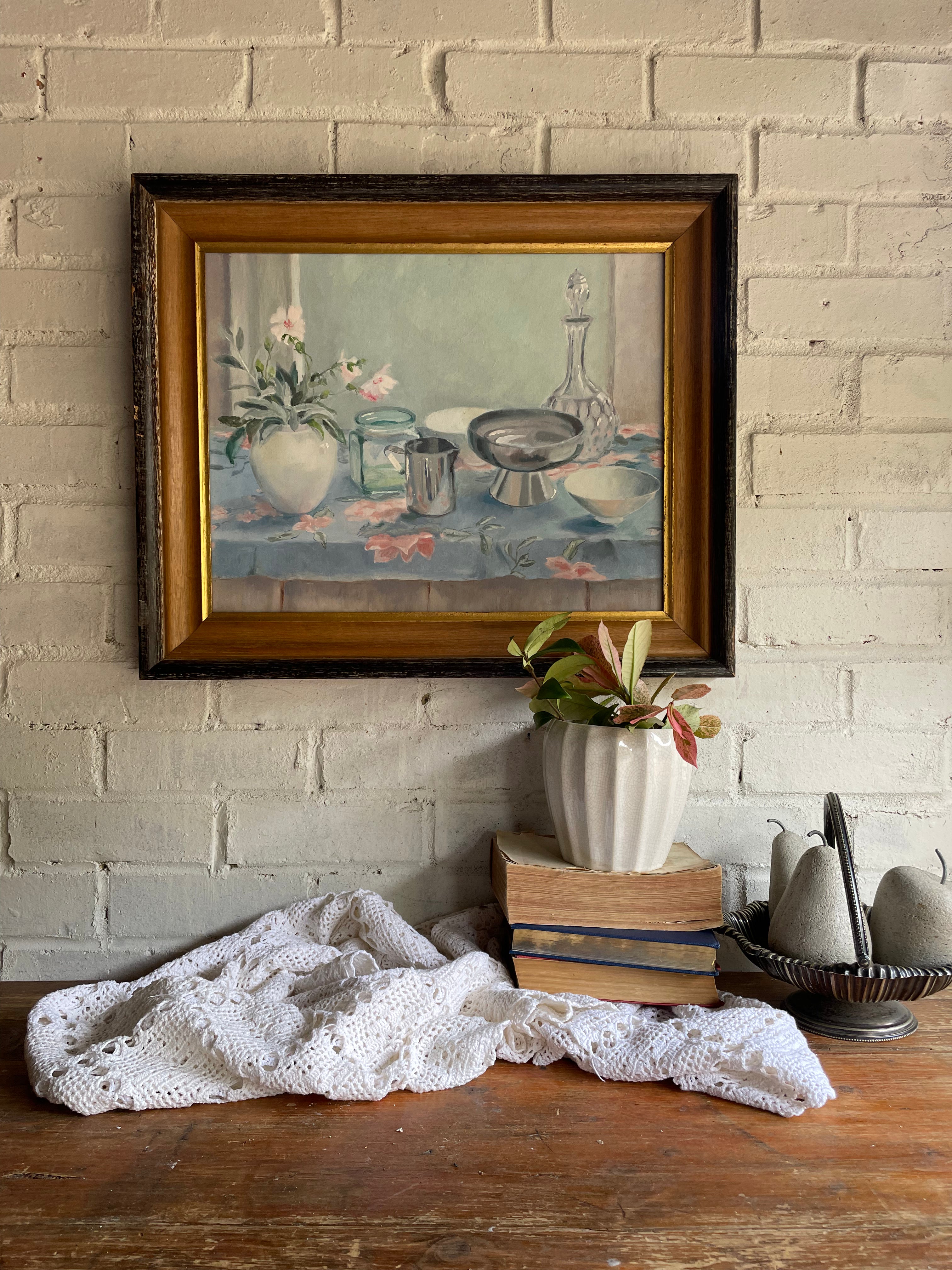 Still-Life Oil Painting with Floral Tablecloth
