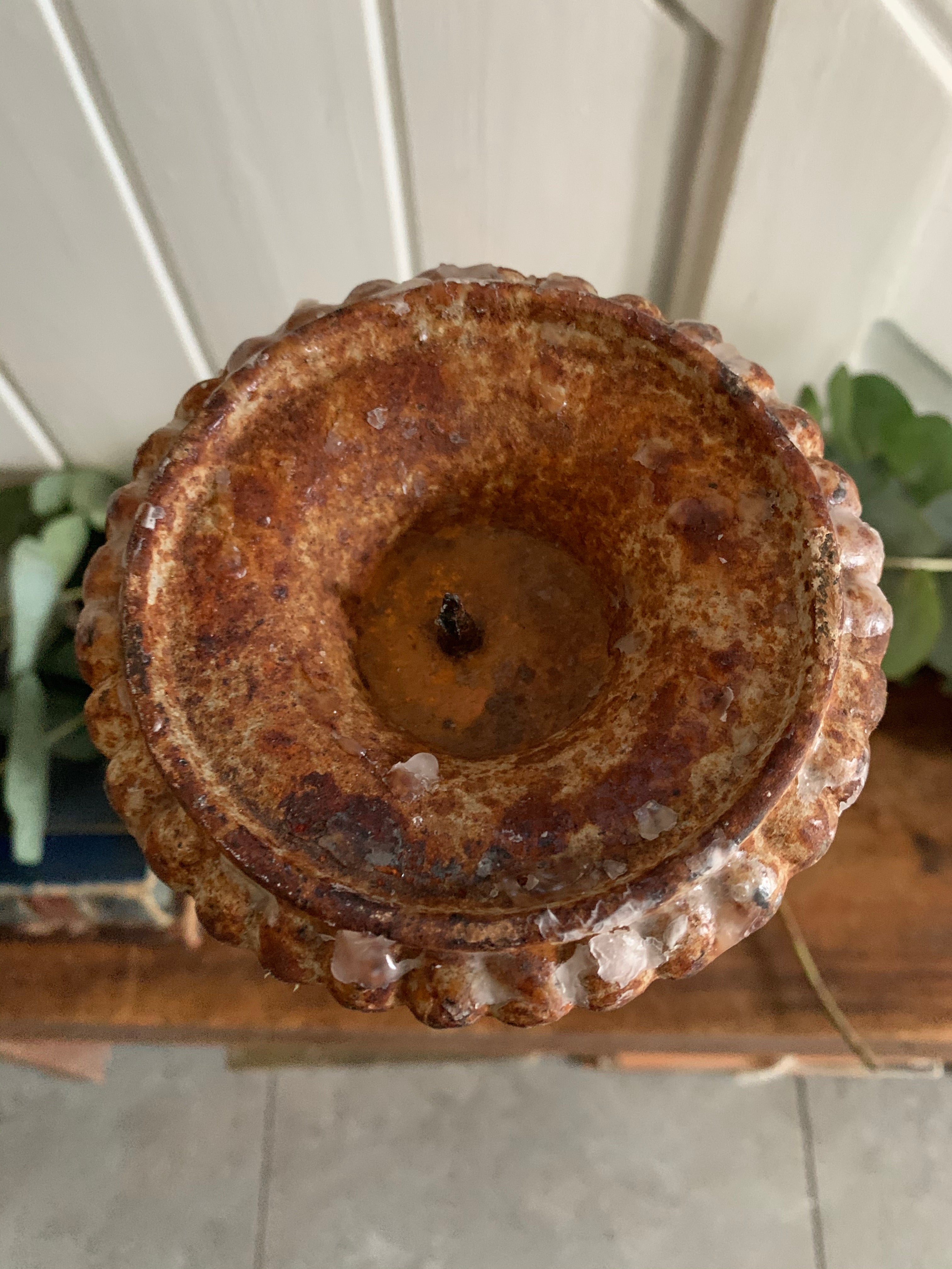 Large Rustic Cast Iron Candleholder  - Brown & Cream