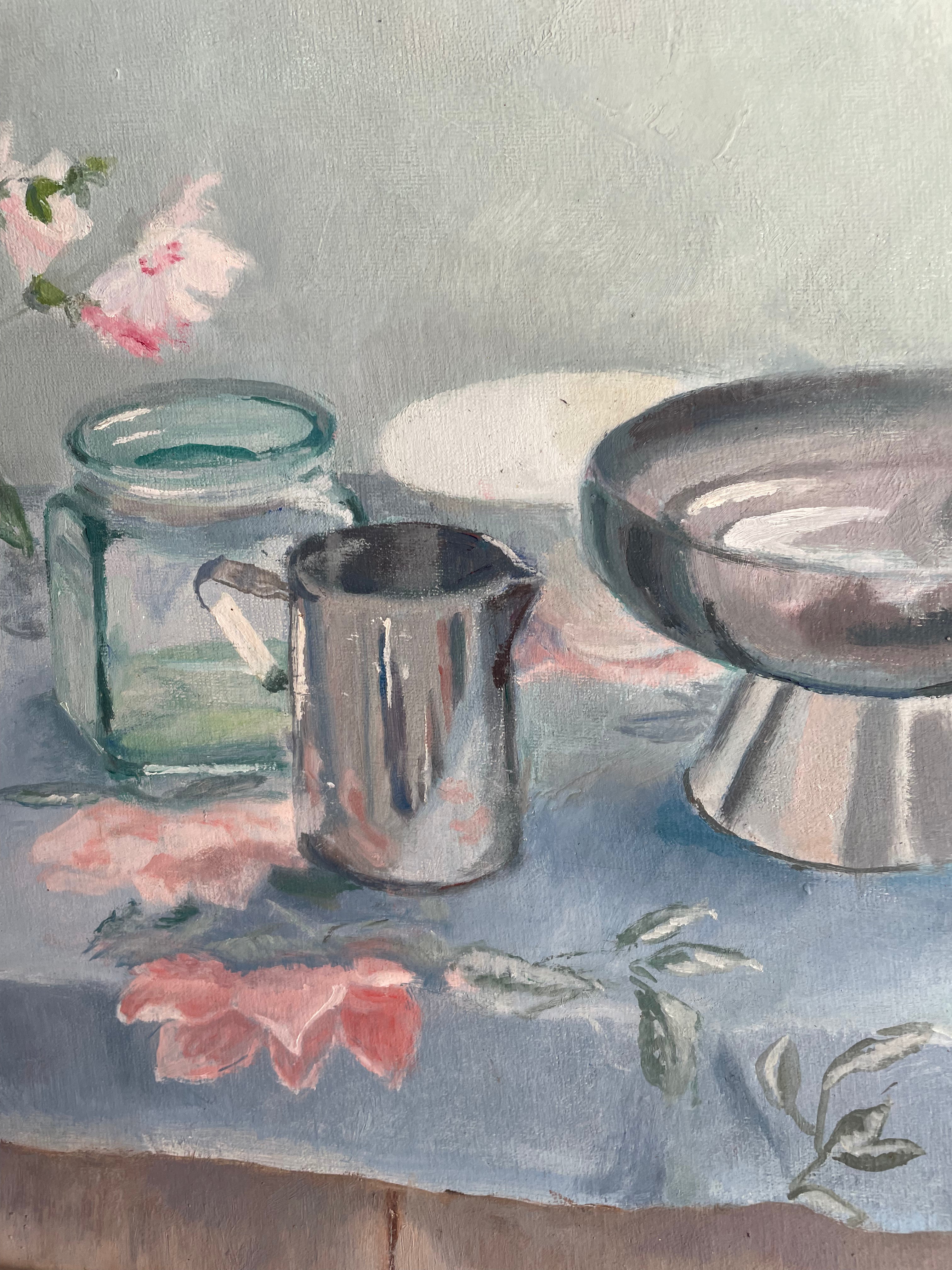 Still-Life Oil Painting with Floral Tablecloth