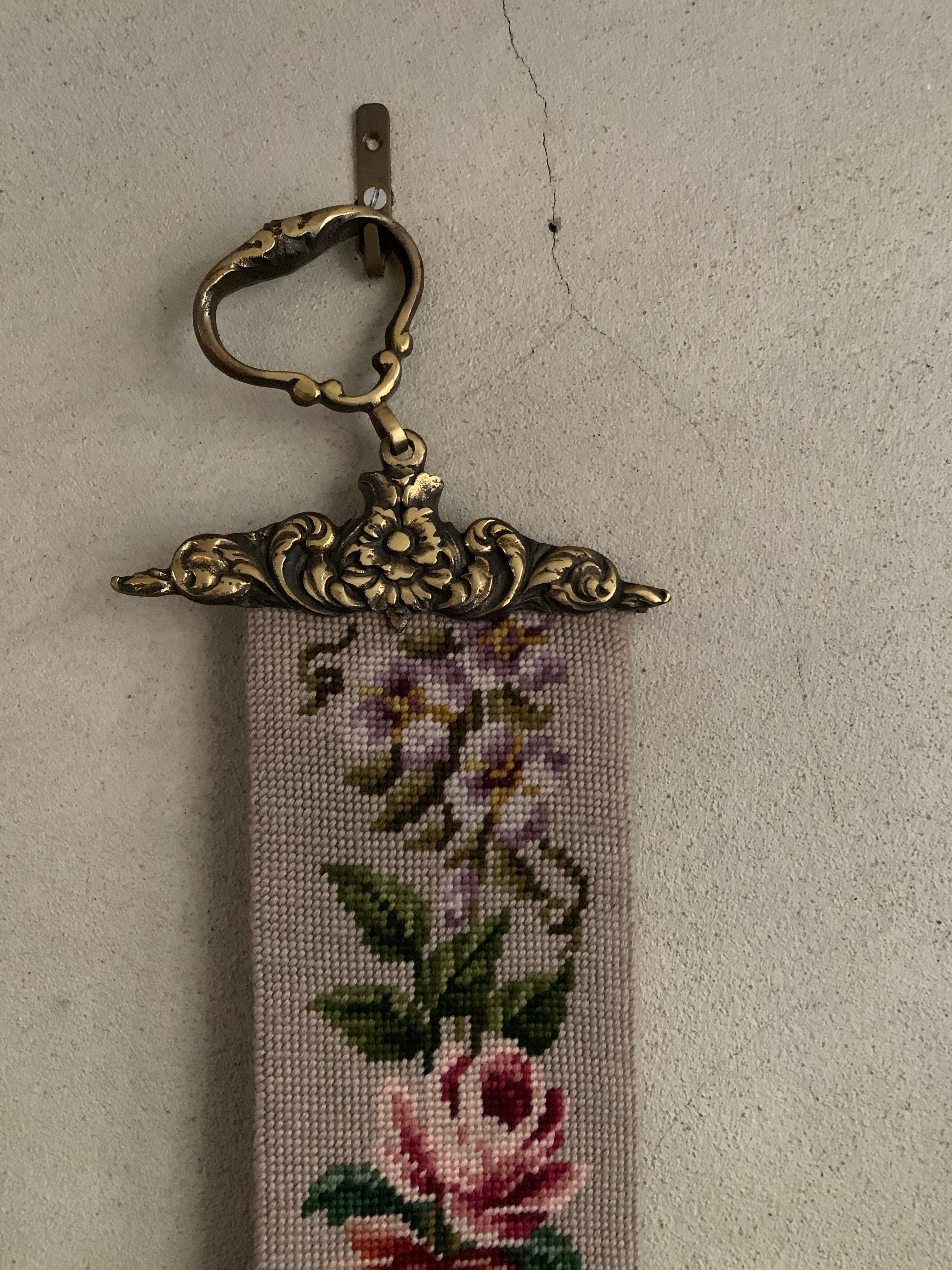 Very Long Antique Tapestry Wall Hanging/Bell Pull with Gilt Ends