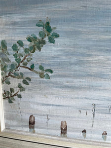 Water and Jetty: Midcentury Oil on Board