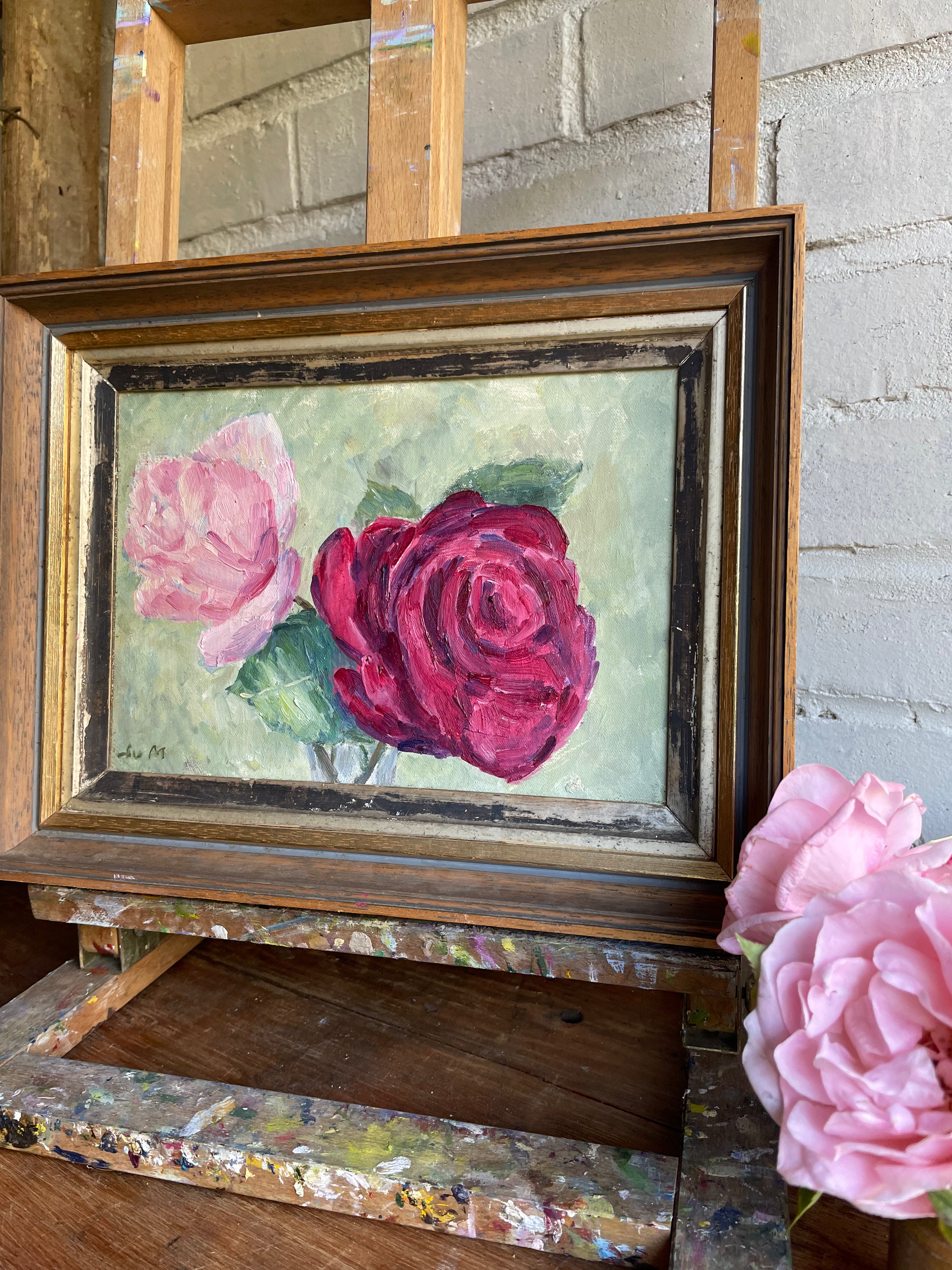 Pink Roses: Small Floral Oil on Canvas
