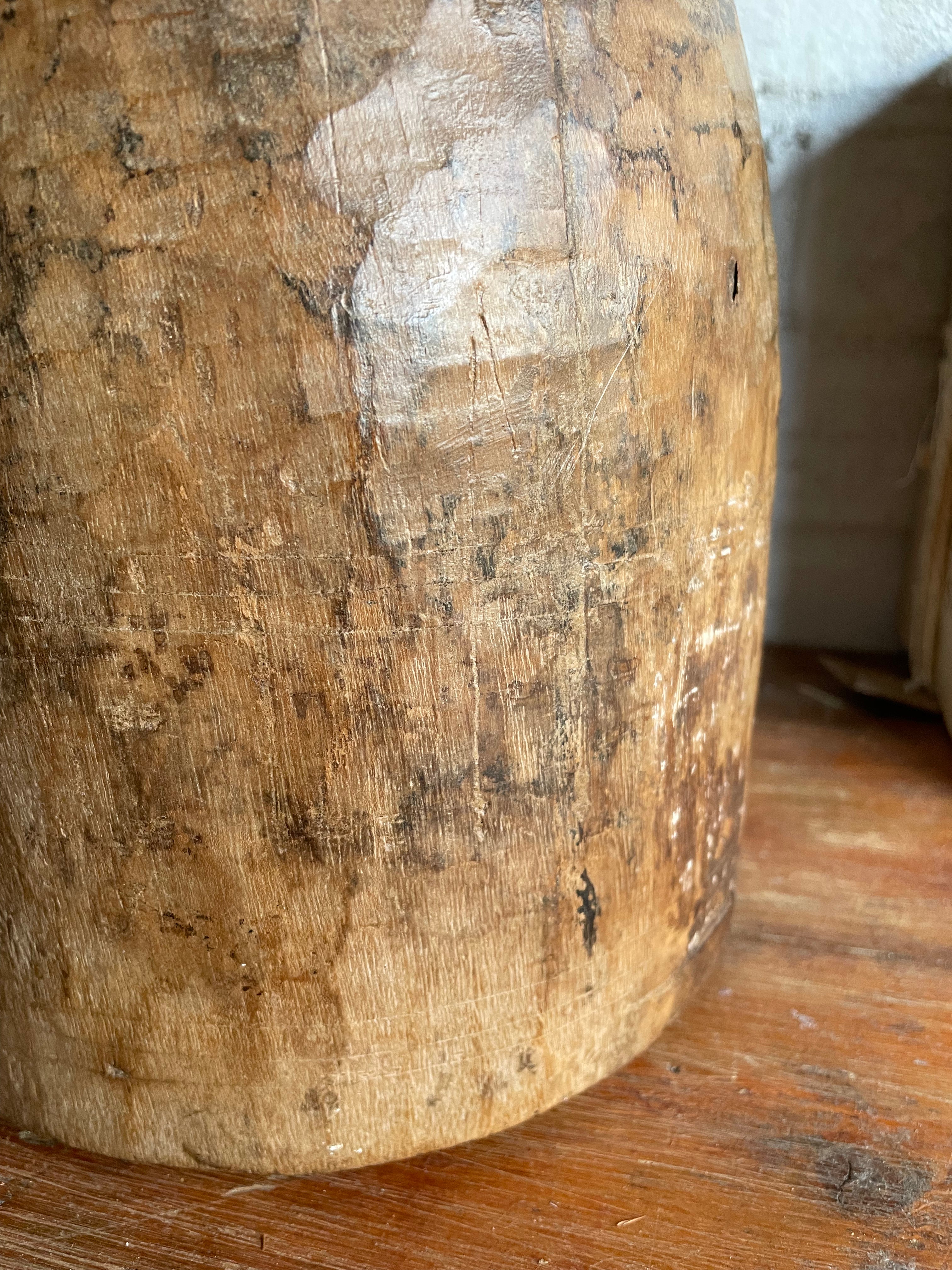 19th Century Indian Hand-Carved Wood Grain Measure Pot