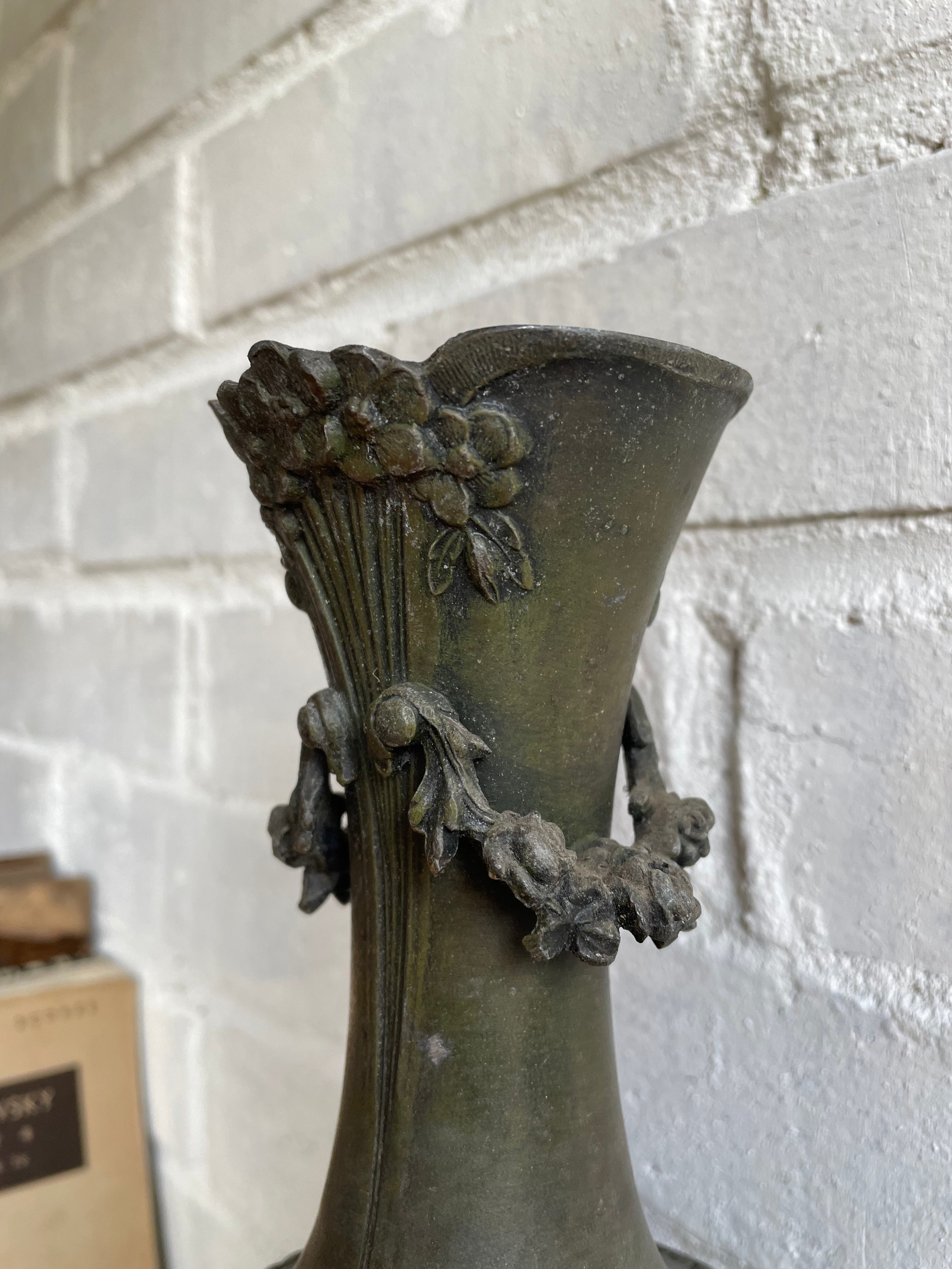 Antique Metal Urn with Wood Base