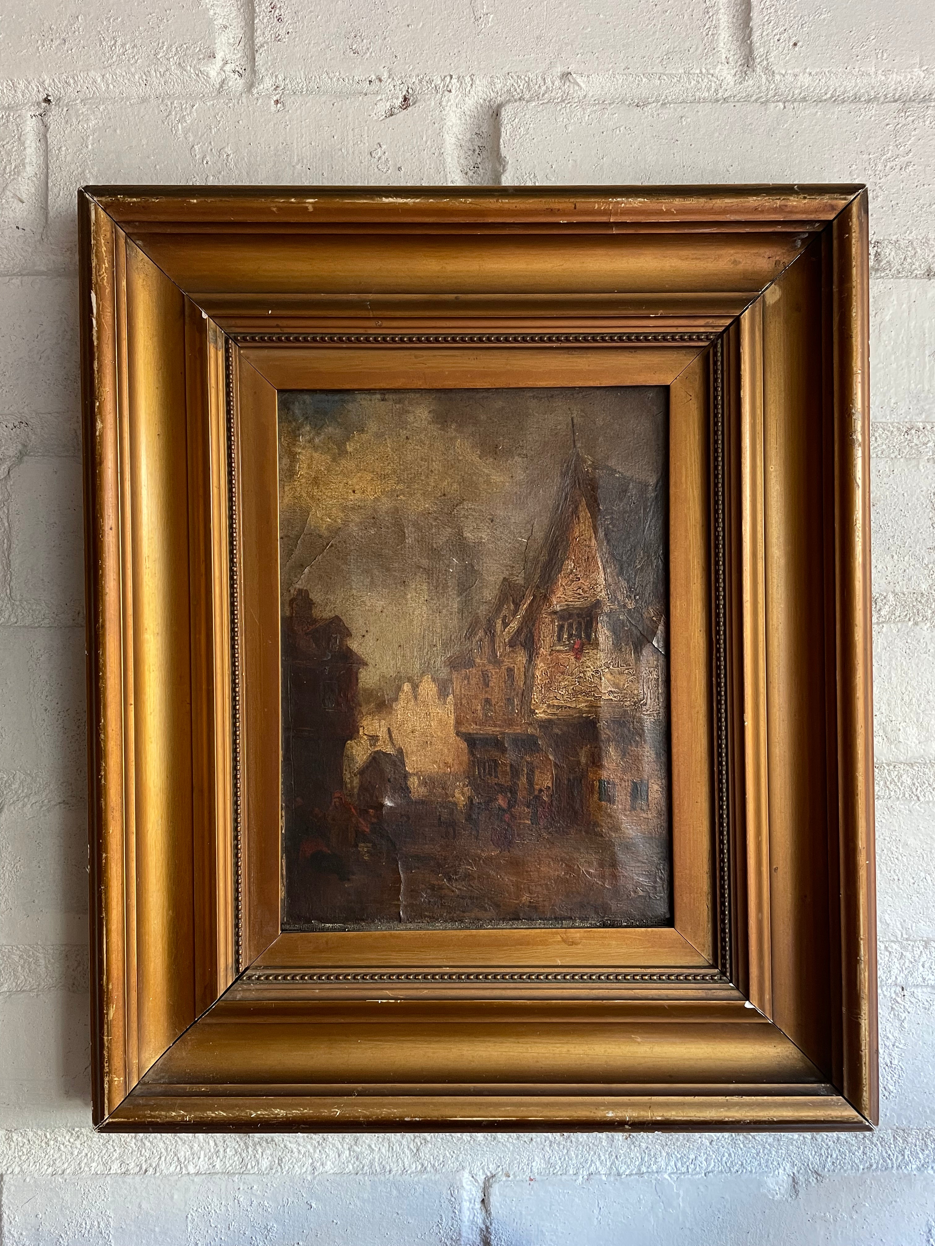Village Scene: Antique Oil on Leather