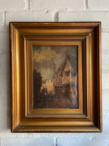 Village Scene: Antique Oil on Leather