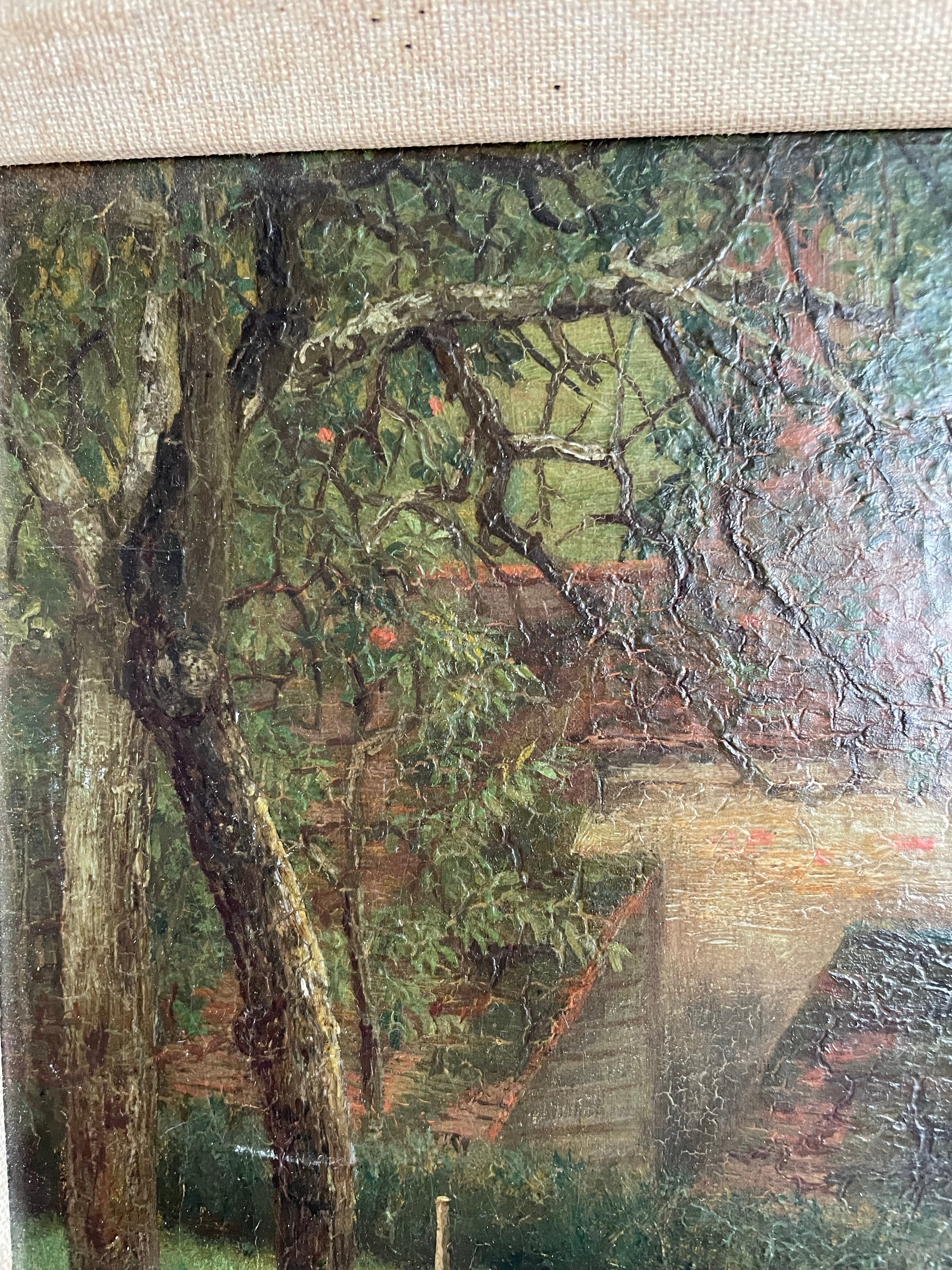 Apple Picking: 19th Century Oil on Canvas