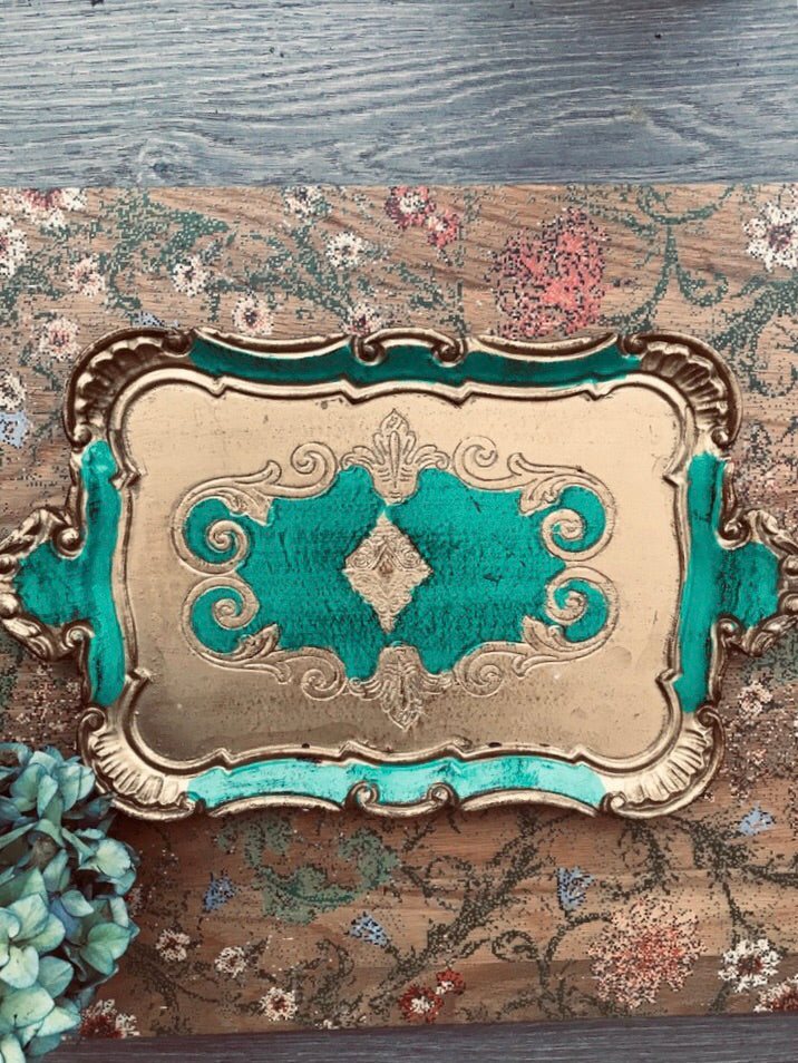 Emerald Green Florentine Vintage Gilt Tray
