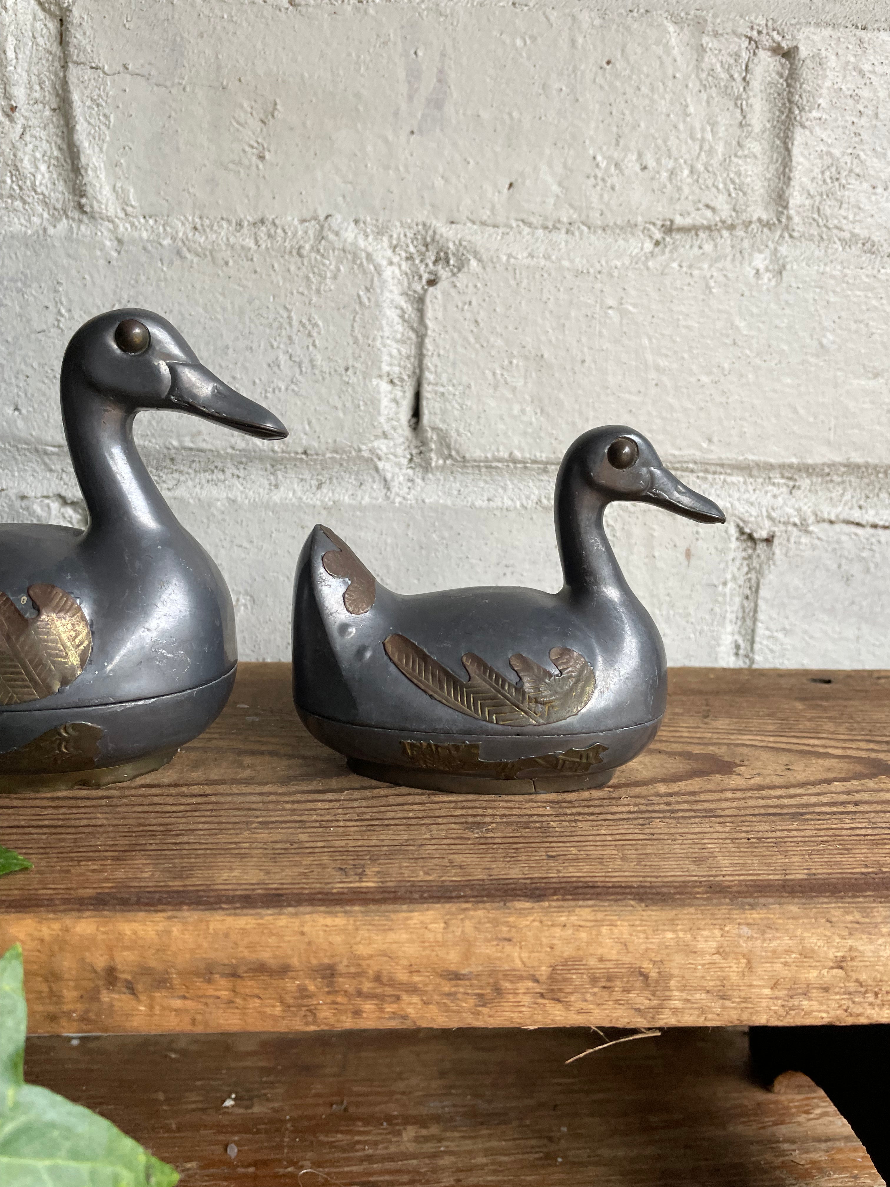 Set of Four Vintage Pewter and Brass Ducks