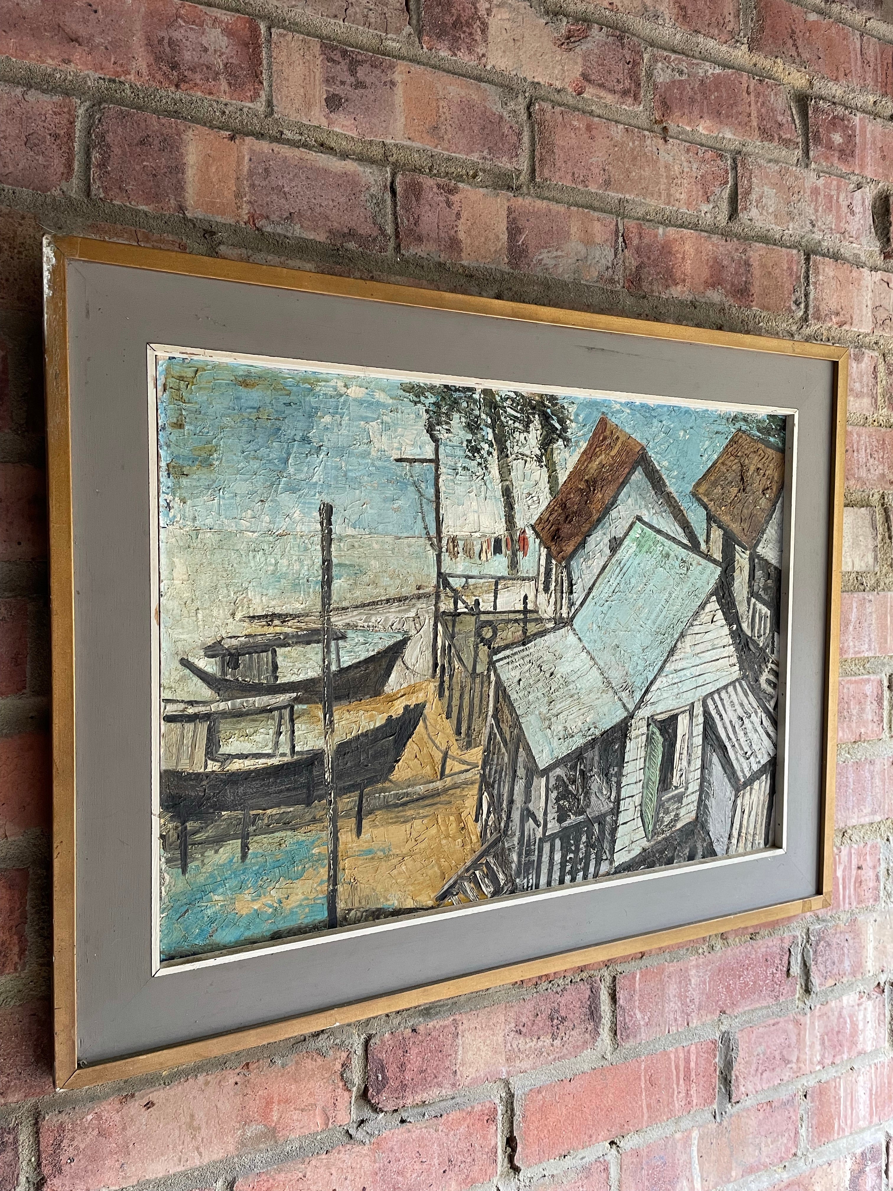 Japanese Village & Boats: Midcentury Signed Oil on Board