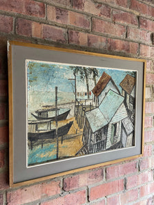 Japanese Village & Boats: Midcentury Signed Oil on Board
