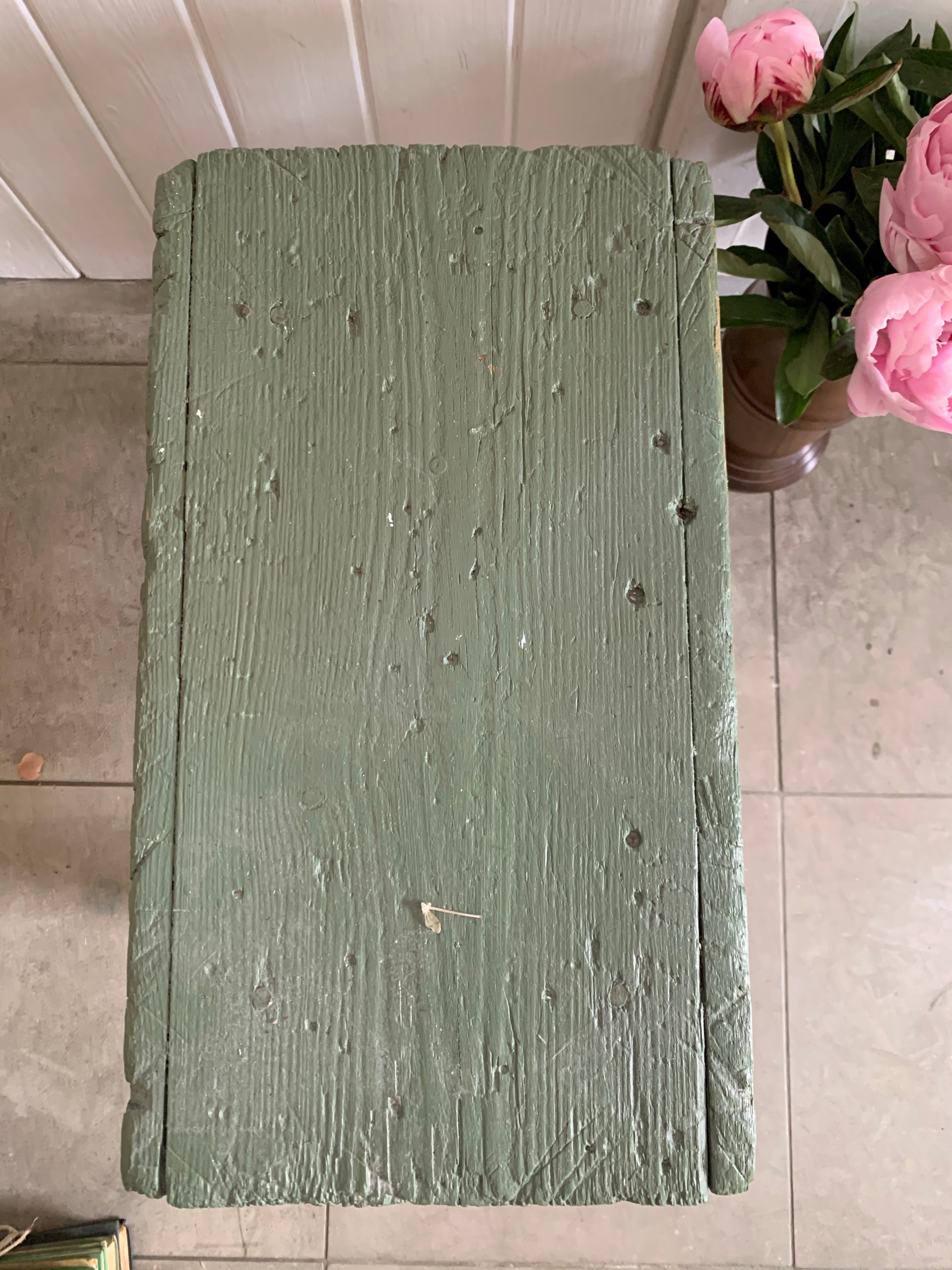 Old Milking Stool with Green Painted Seat