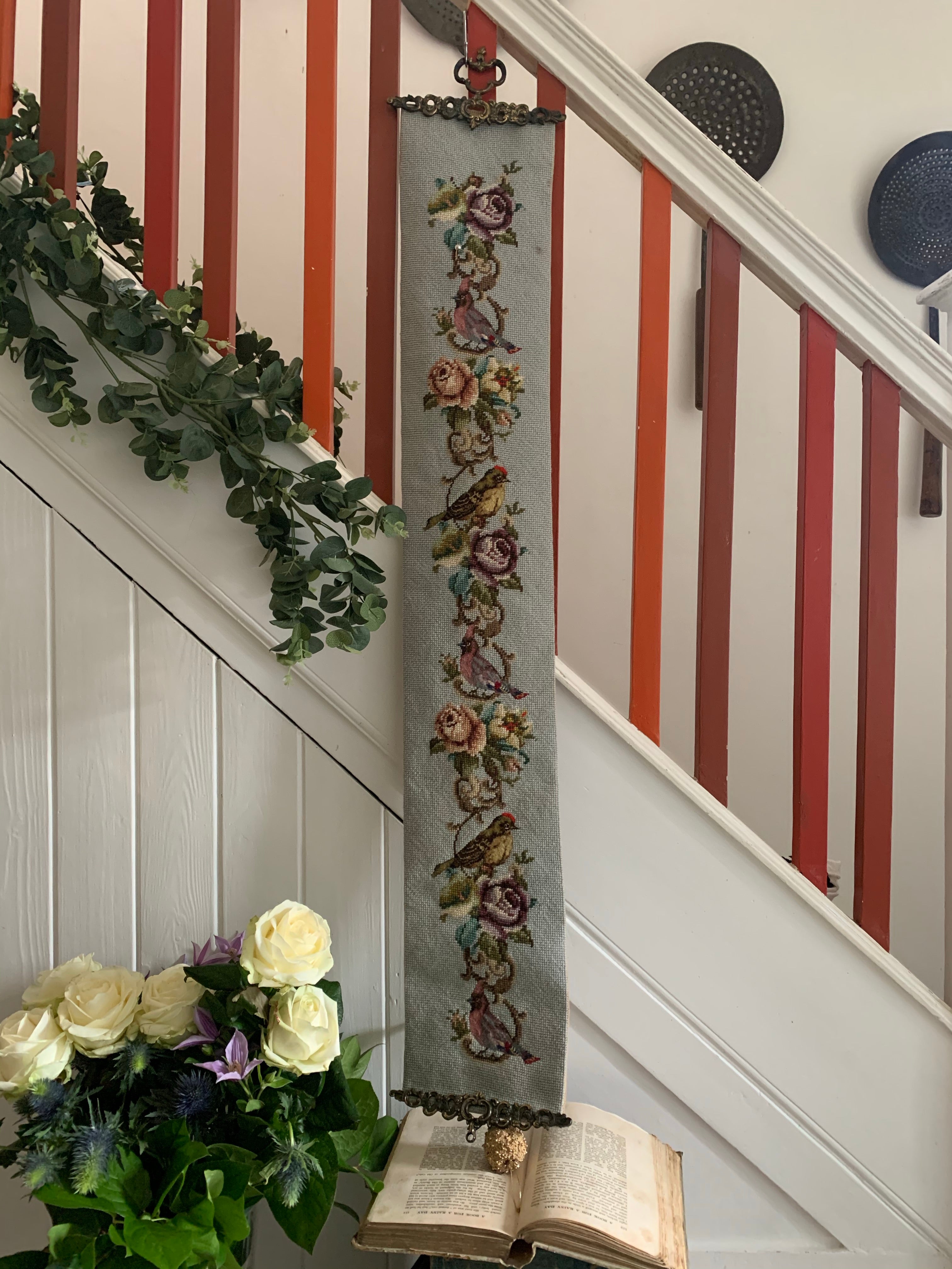 Tapestry Wall Hanging of Birds & Flowers with Decorative Gilt Ends