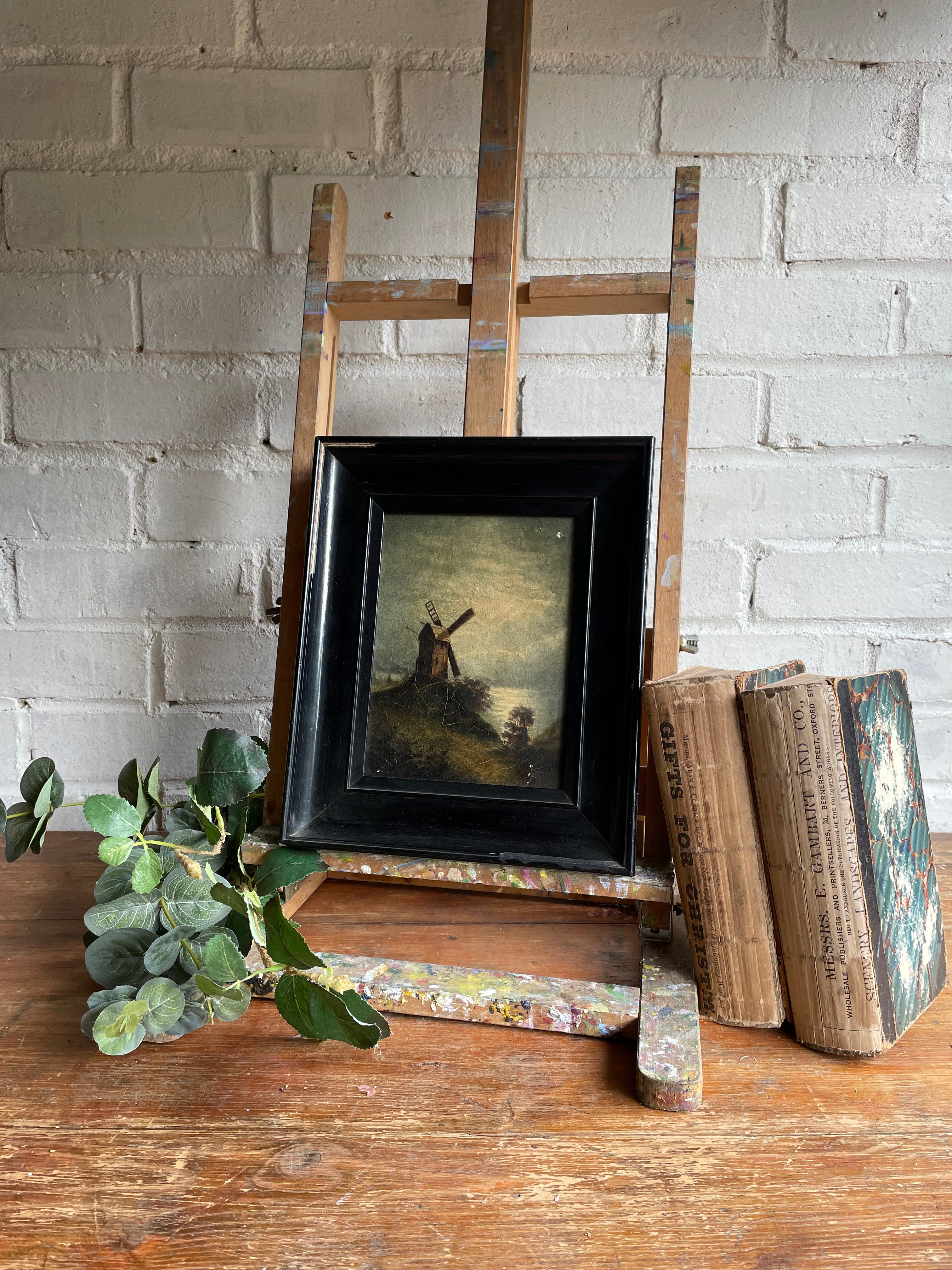 Antique Dutch Oil Painting with Windmill