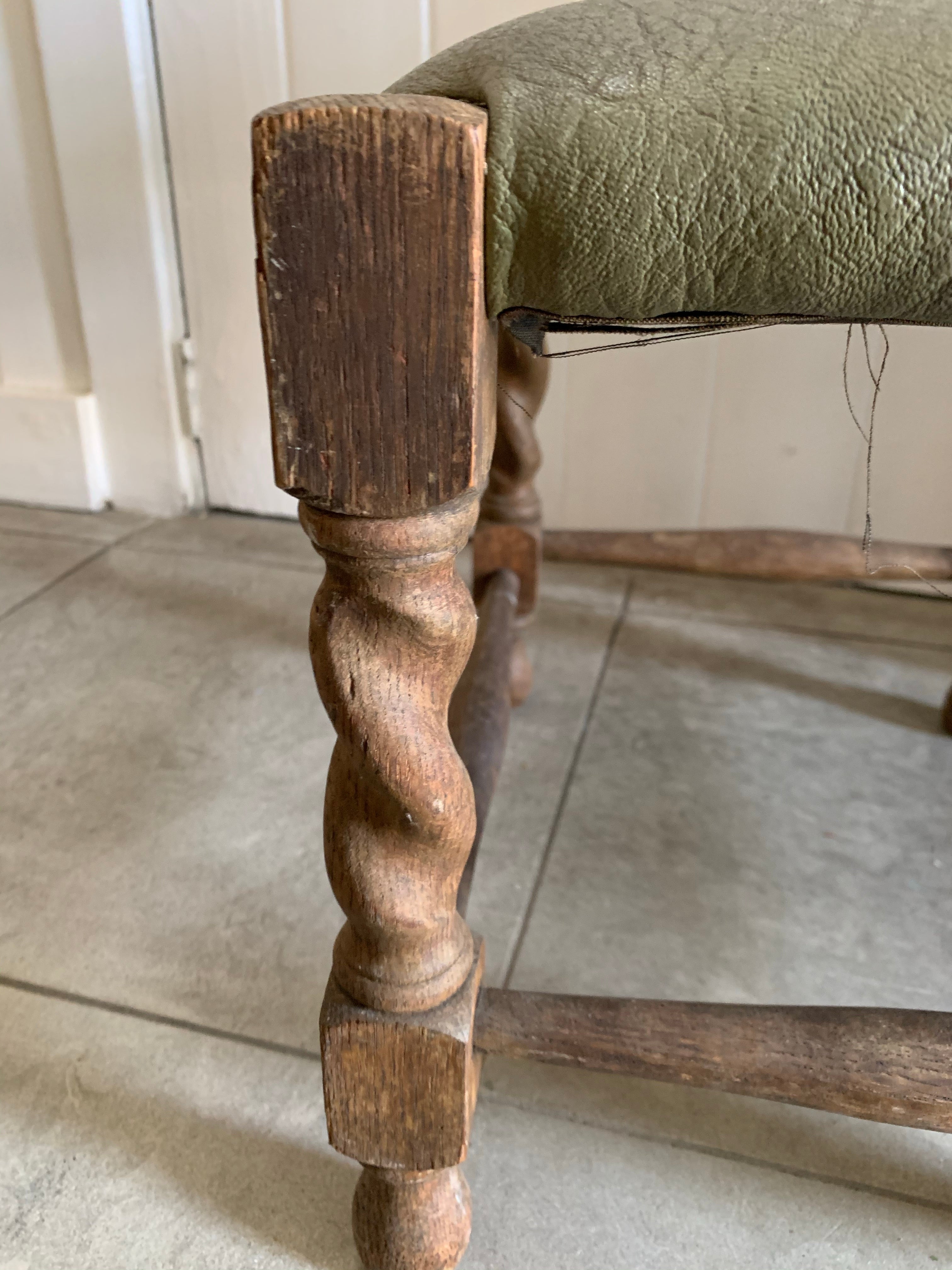 Vintage Stool with Faux Green Leather