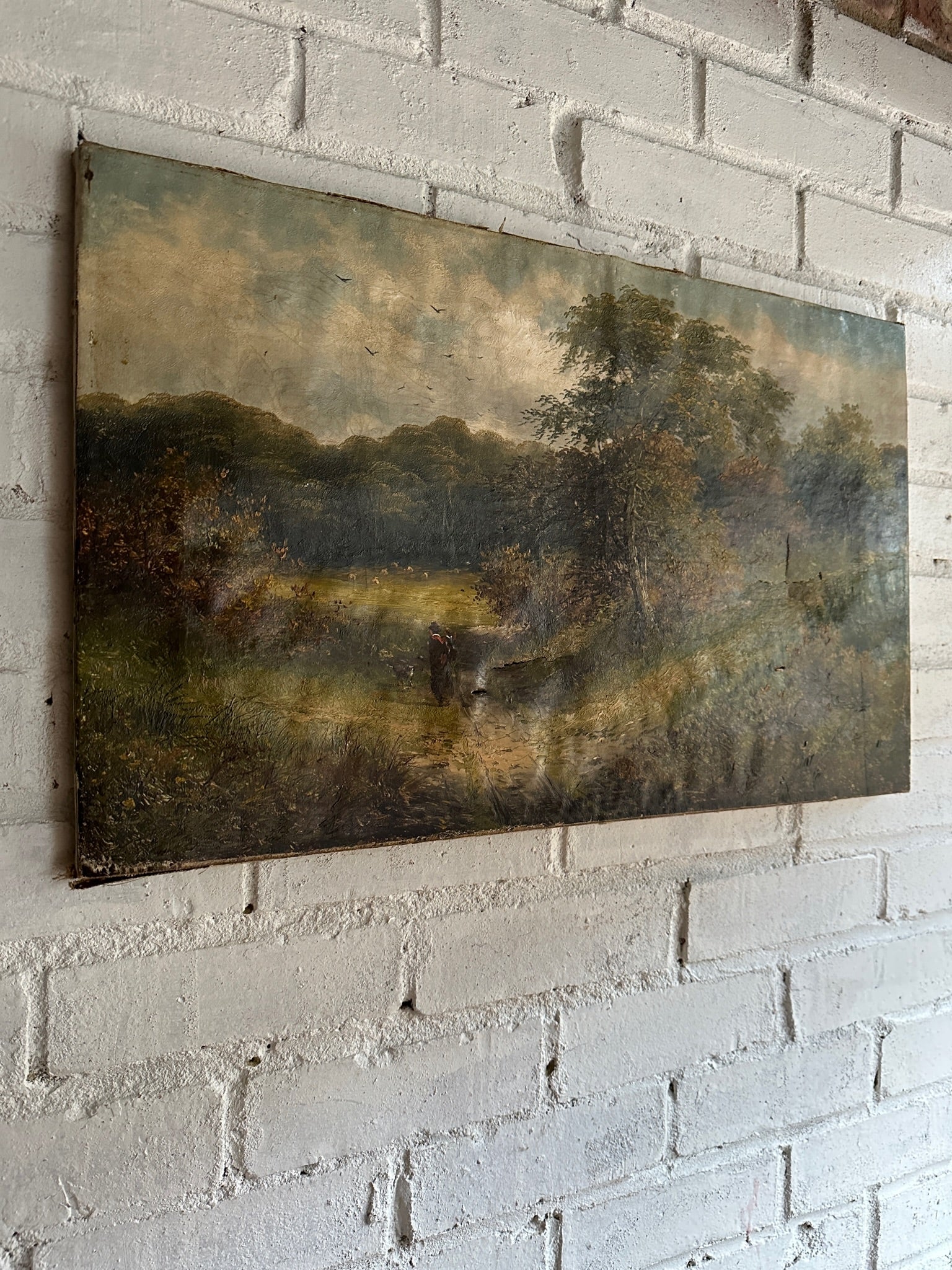19th Century Landscape with Woman & Dog: Unframed Oil on Canvas