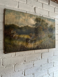 19th Century Landscape with Woman & Dog: Unframed Oil on Canvas