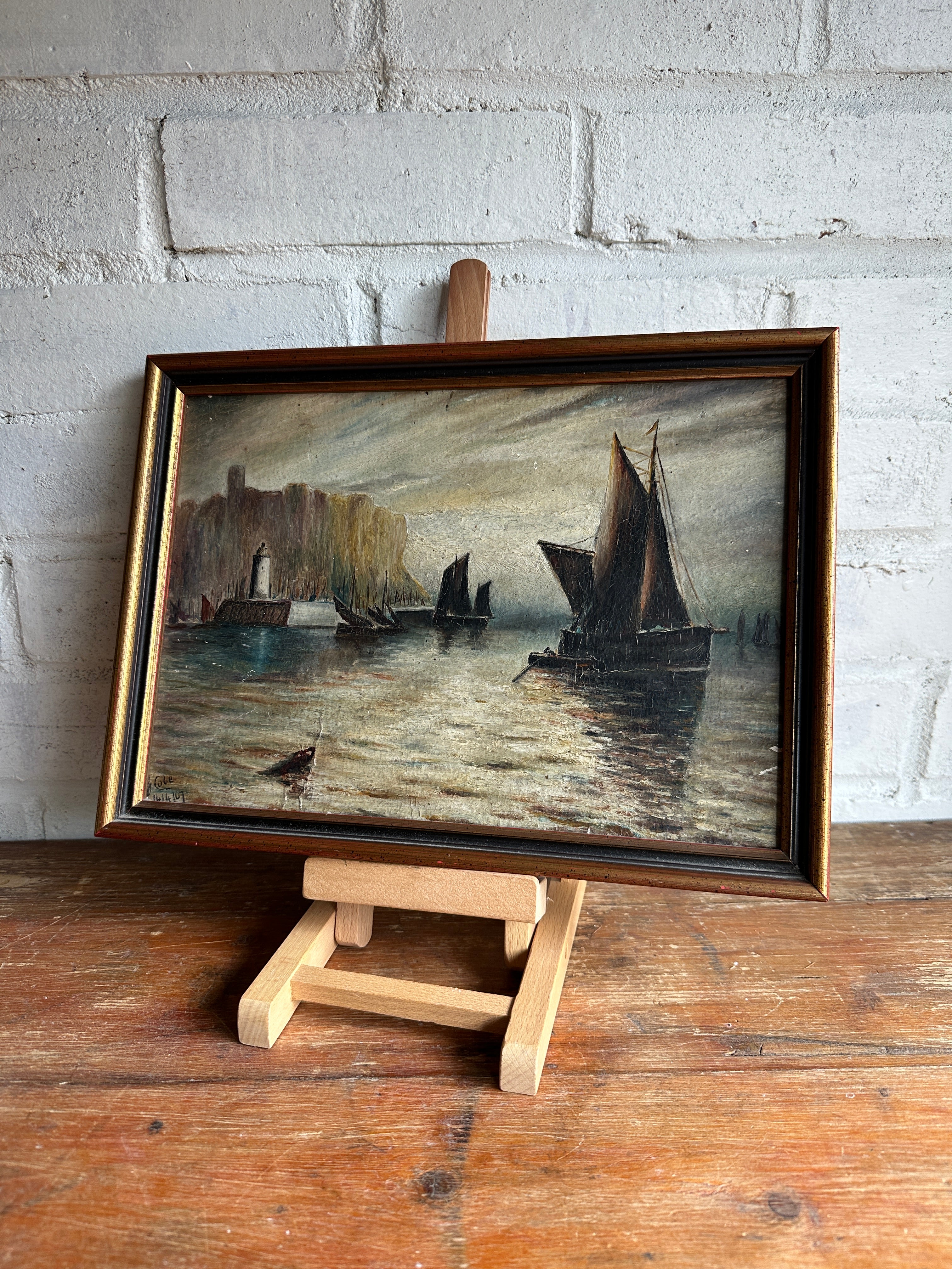 Muted Seascape with Lighthouse: Small Framed Oil on Board