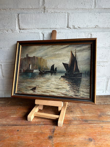 Muted Seascape with Lighthouse: Small Framed Oil on Board