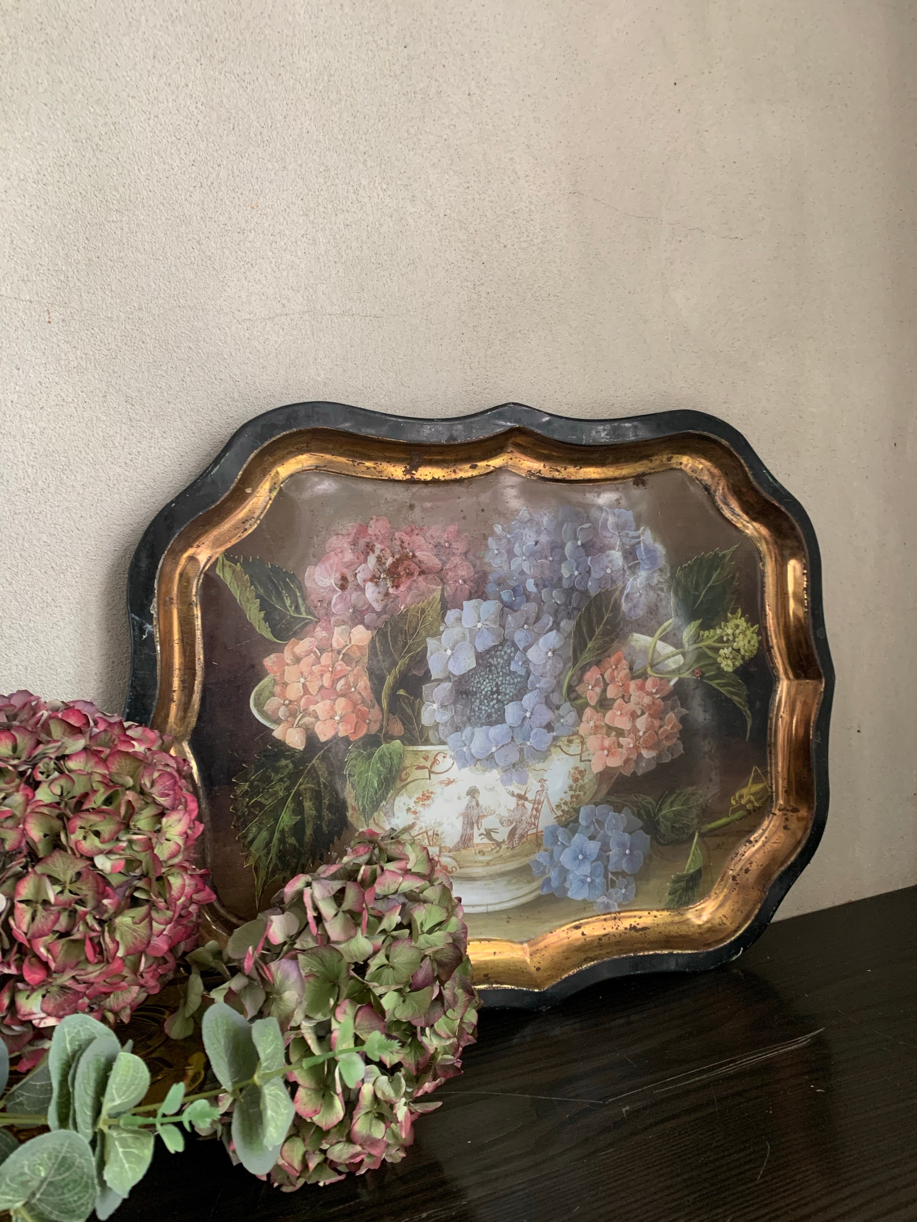Large Decorative Tin Tray with Hydrangeas