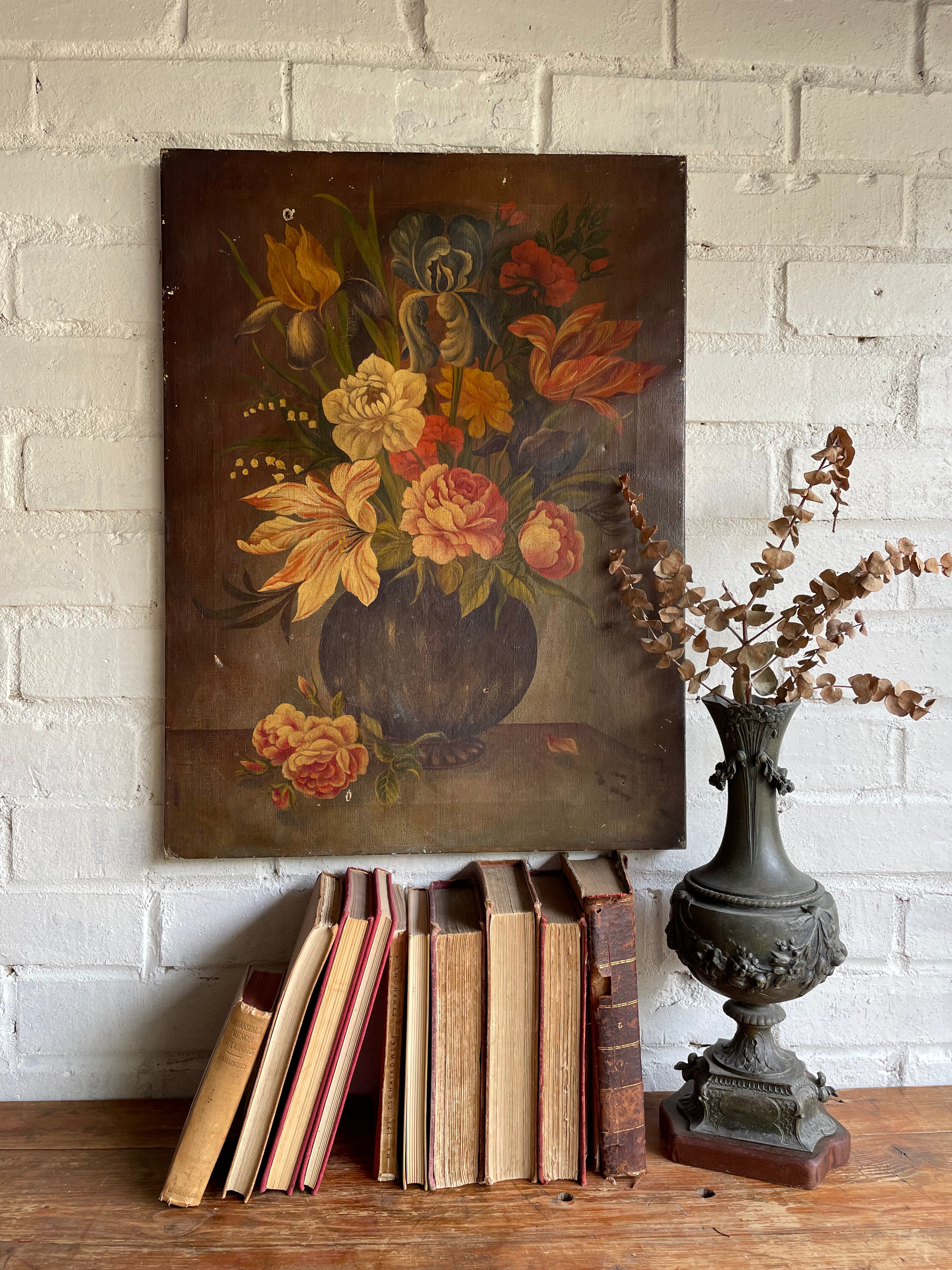 Muted Hues Floral: Antique Oil on Canvas