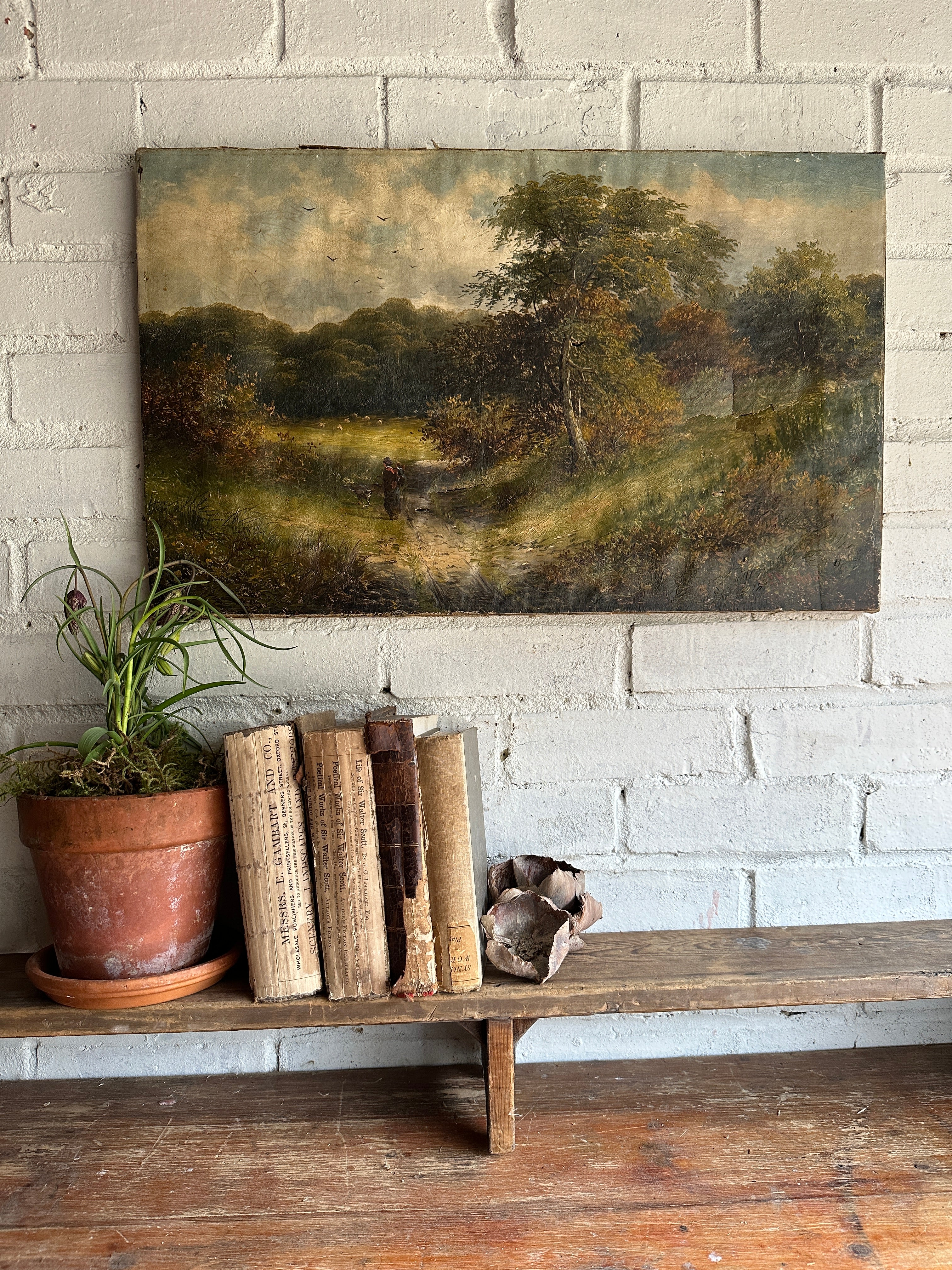 19th Century Landscape with Woman & Dog: Unframed Oil on Canvas