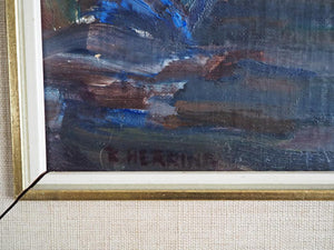 Midcentury Abstract Oil Painting: A Glimpse of a Village