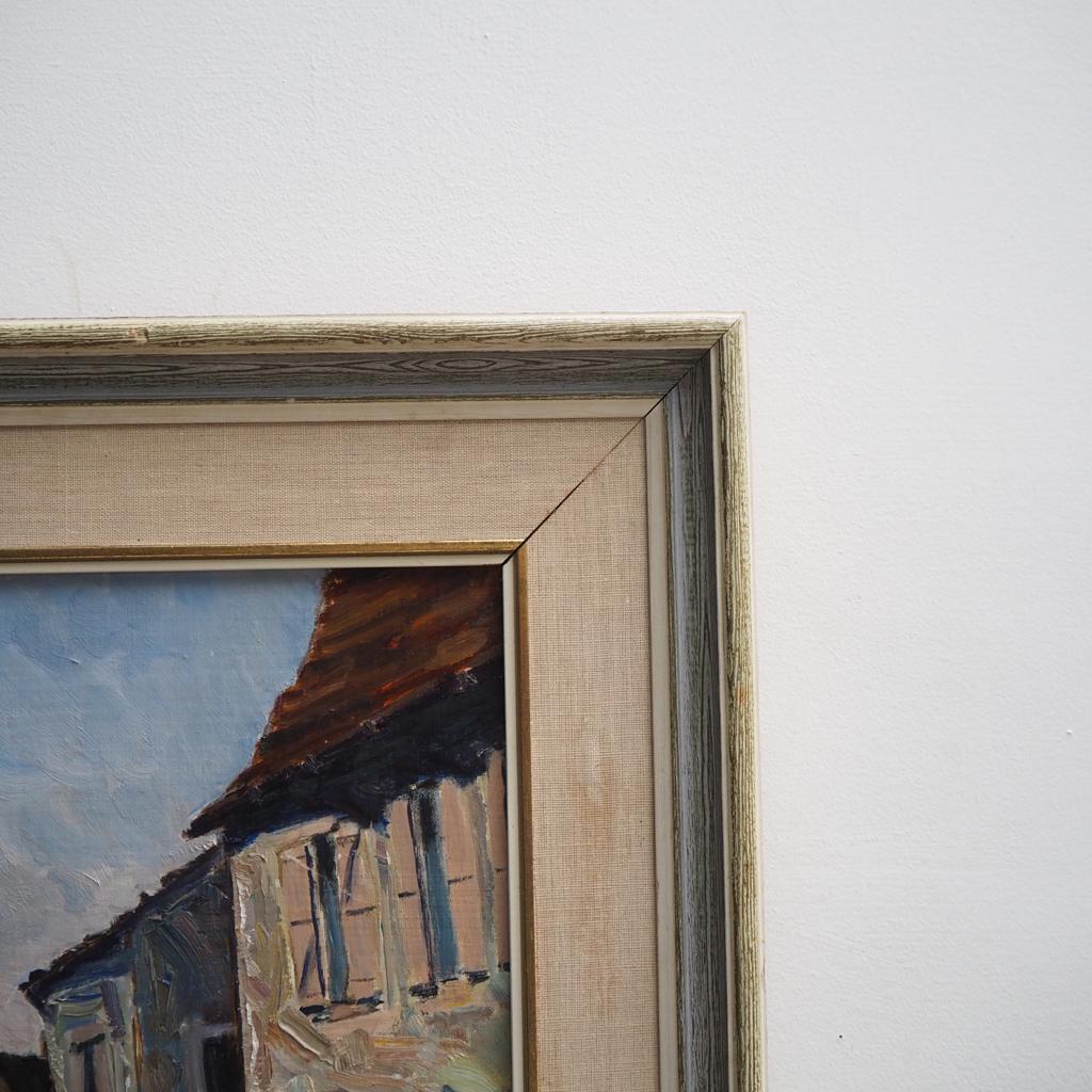 Midcentury Abstract Oil Painting: A Glimpse of a Village