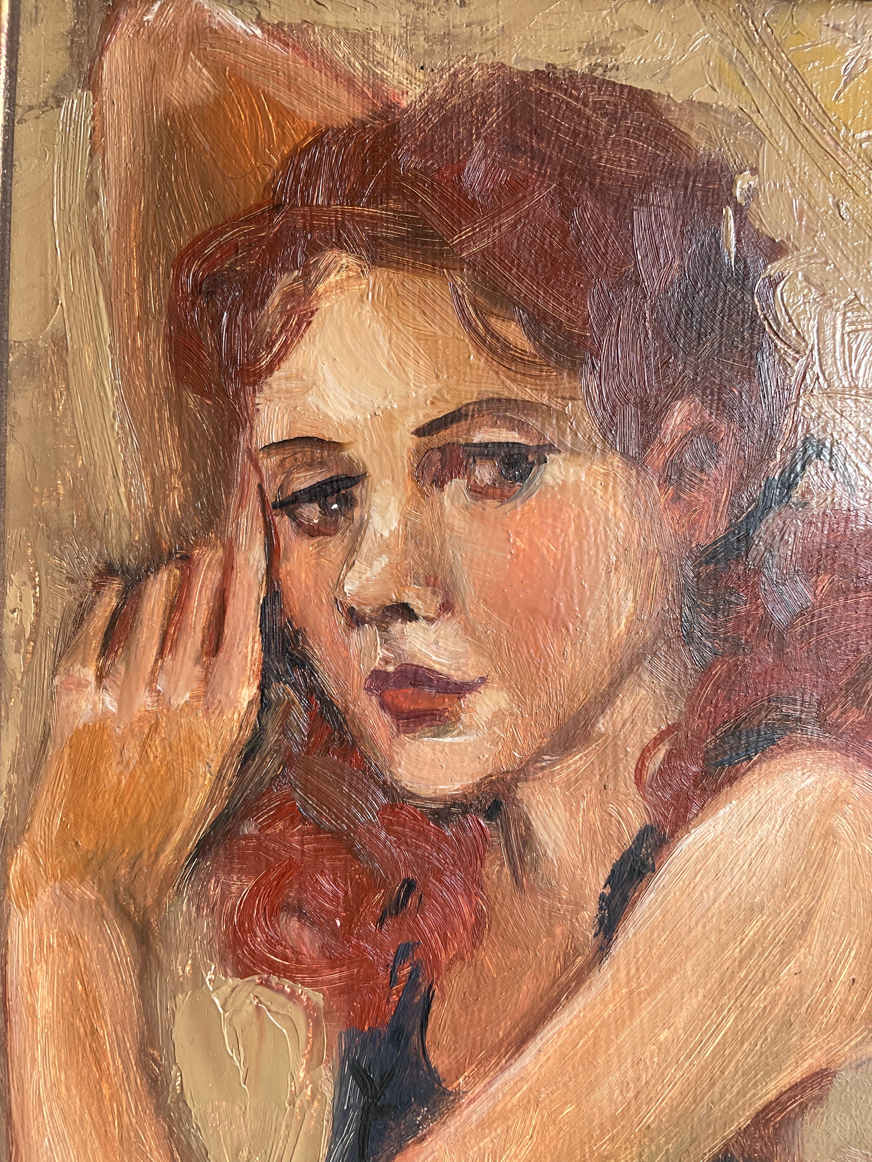 Lady with Red Hair: Midcentury Framed Oil on Board