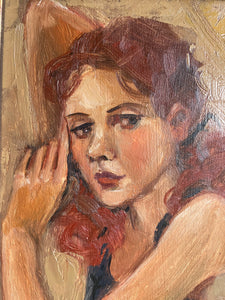 Lady with Red Hair: Midcentury Framed Oil on Board