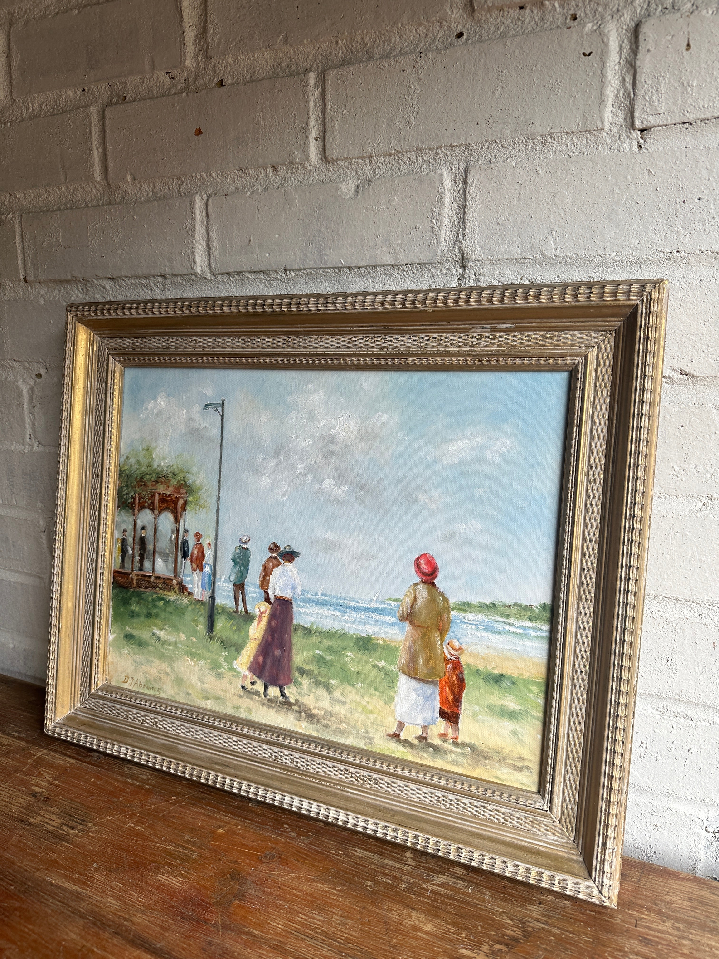 Edwardian Lakeside Scene: Vintage Oil on Board
