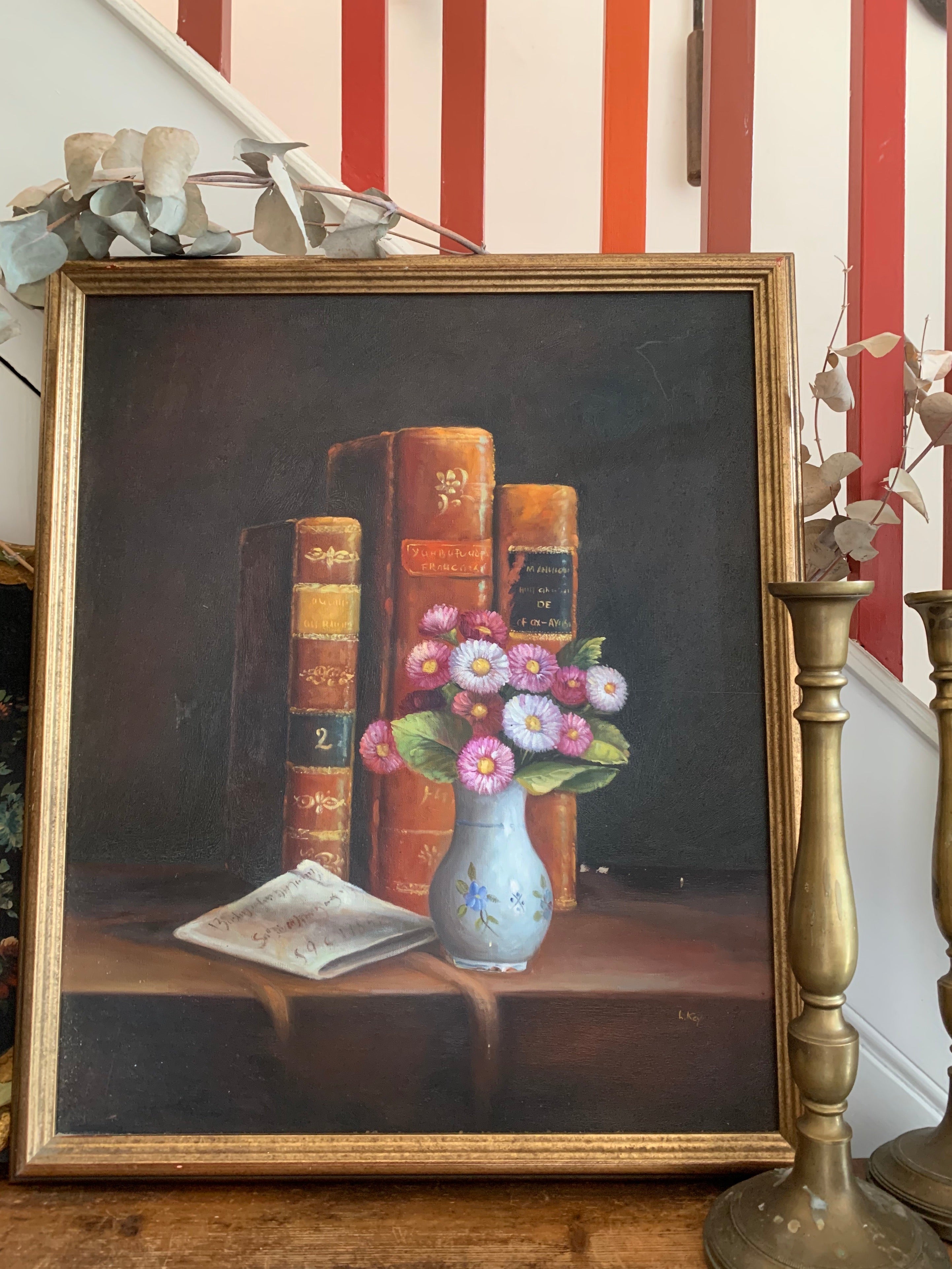 Still-Life with Leather Books: Large Framed Oil Painting