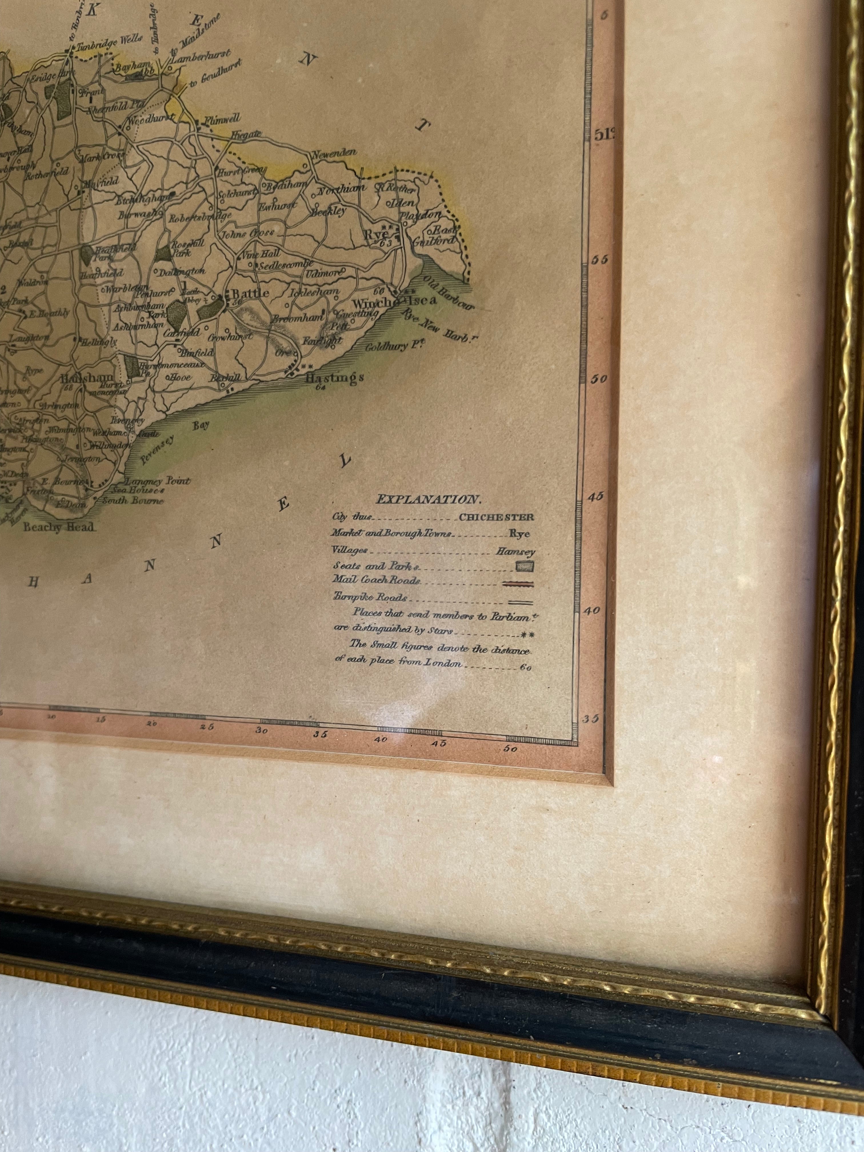 Framed 19th Century Hand-Coloured Map of Sussex