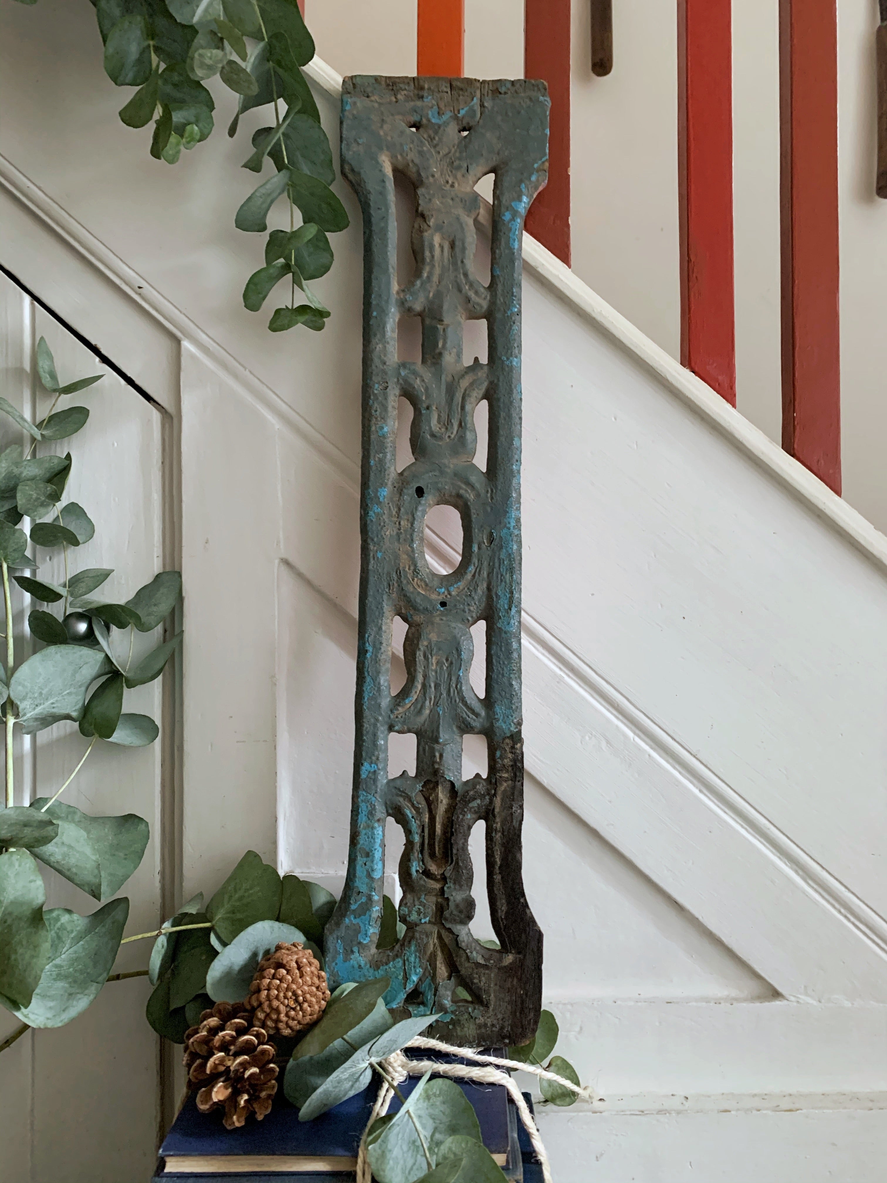 Hand-Carved Decorative Wood Panel with Turquoise Paint