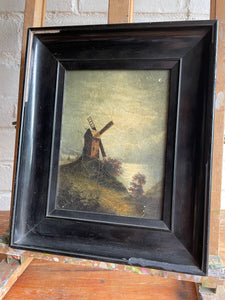 Antique Dutch Oil Painting with Windmill