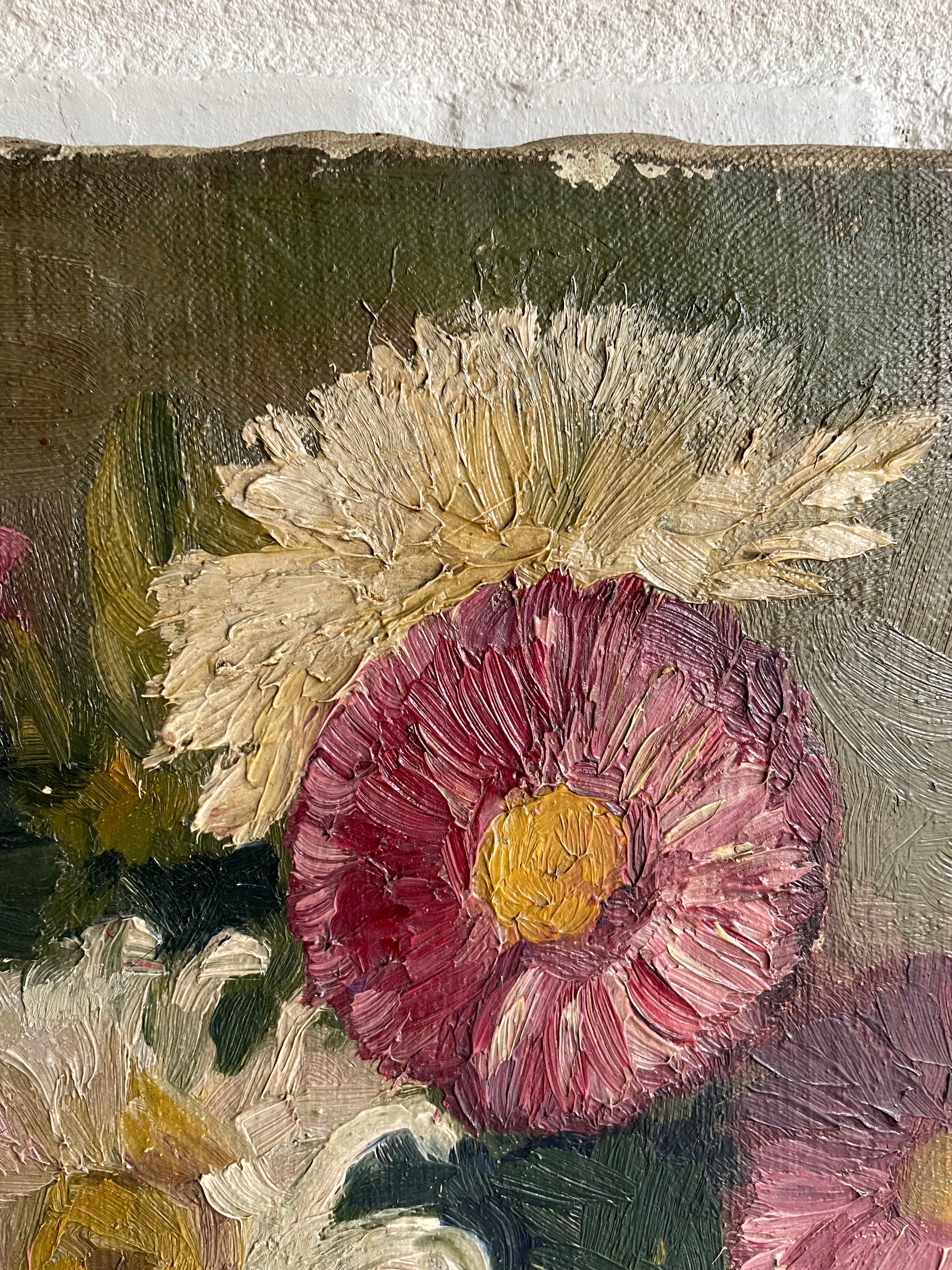 Antique Belgian Floral Still Life: Oil on Canvas