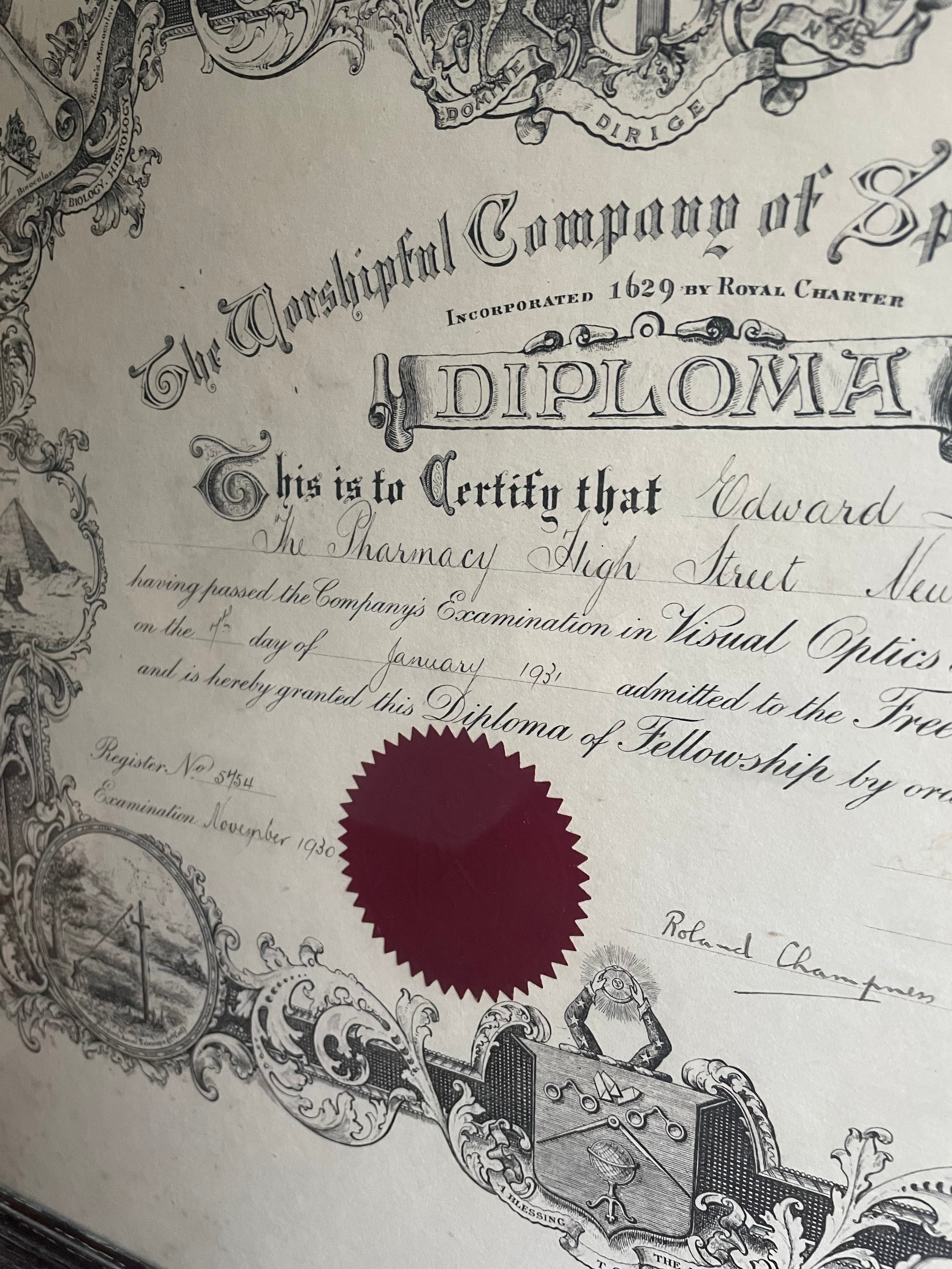 Large Framed 1930s Diploma from “The Worshipful Company of Spectacle Makers”