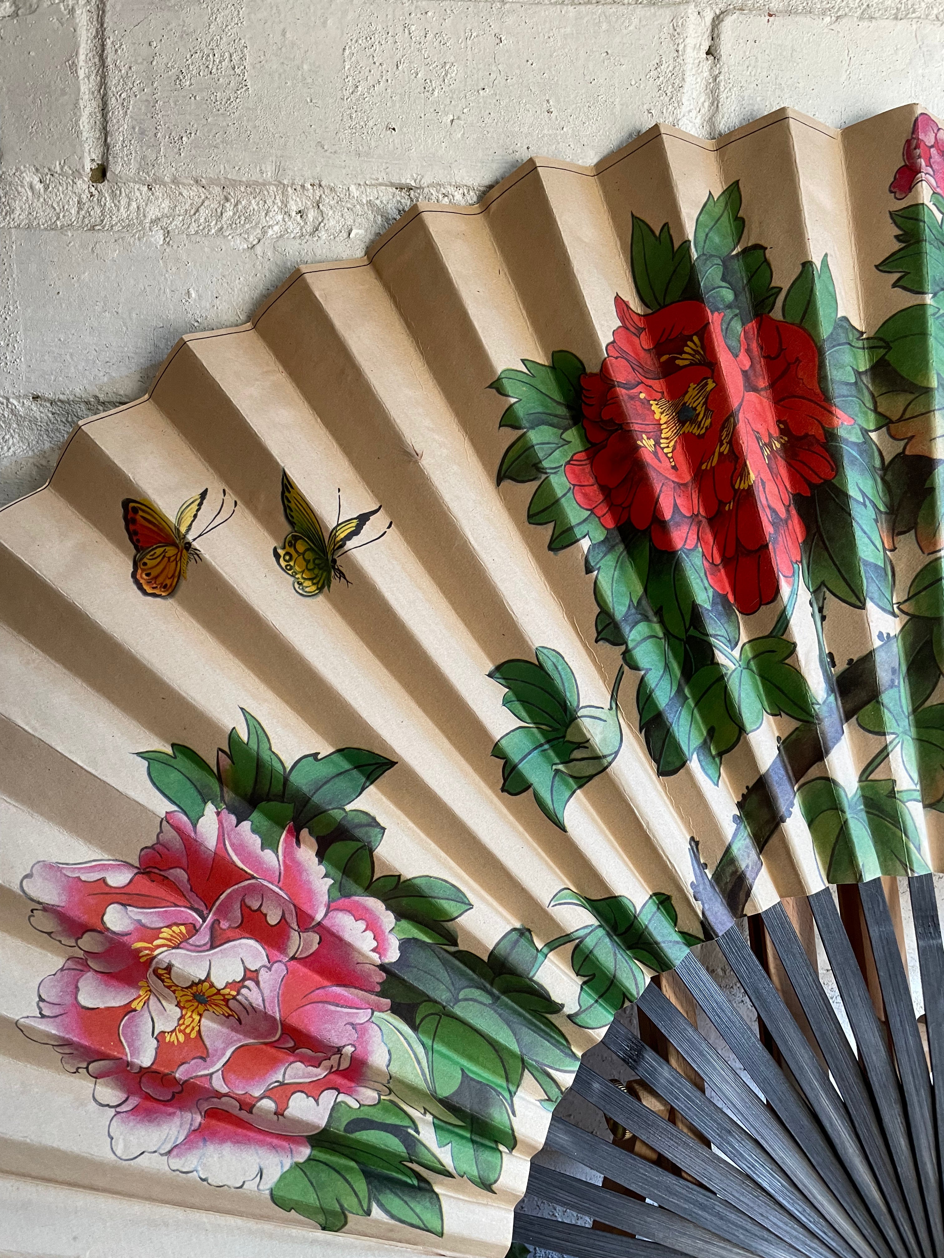 Large Vintage Paper and Wood Fan