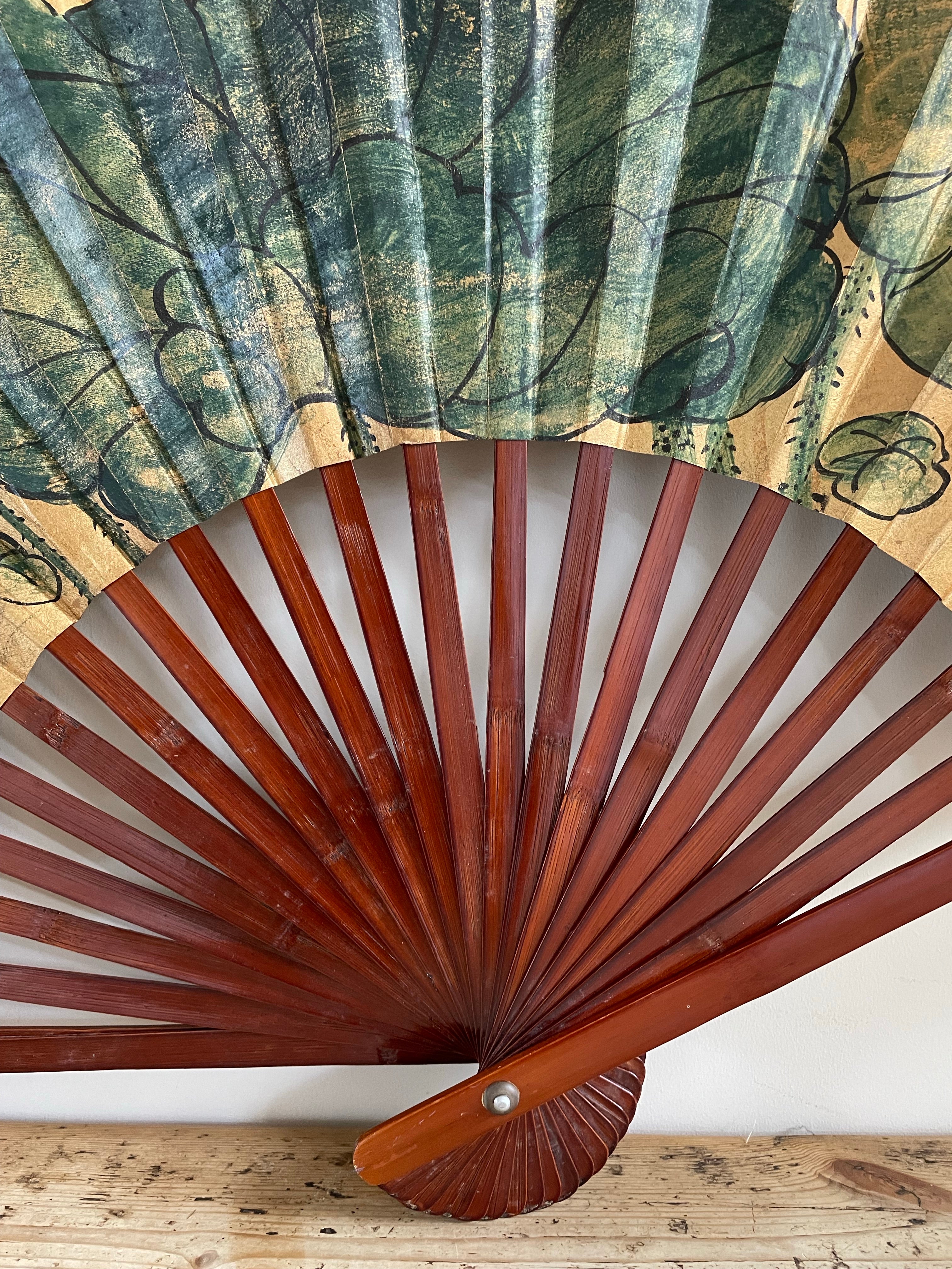 Large Vintage Chinese Handpainted Silk Fan for Wall Decor