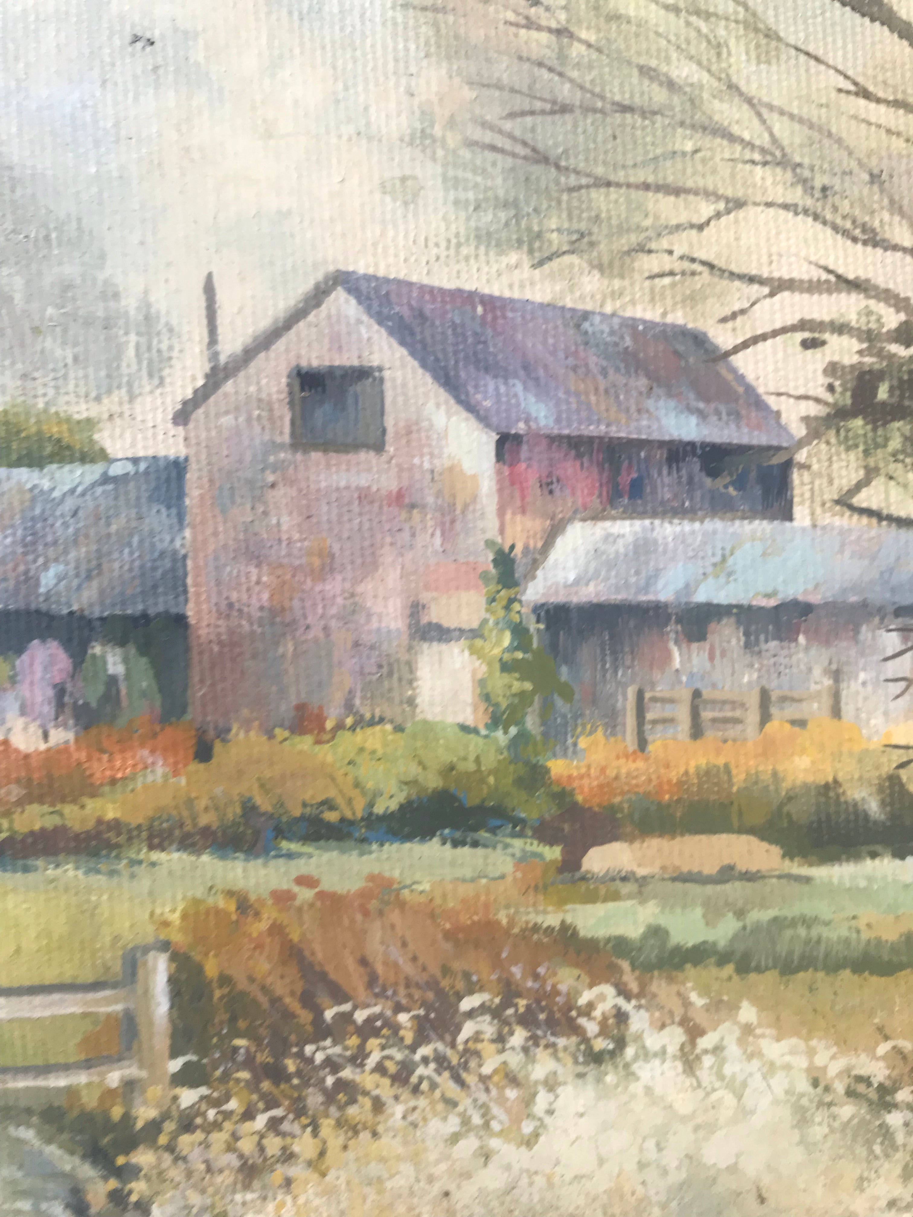 Framed canvas of farm scene and buildings