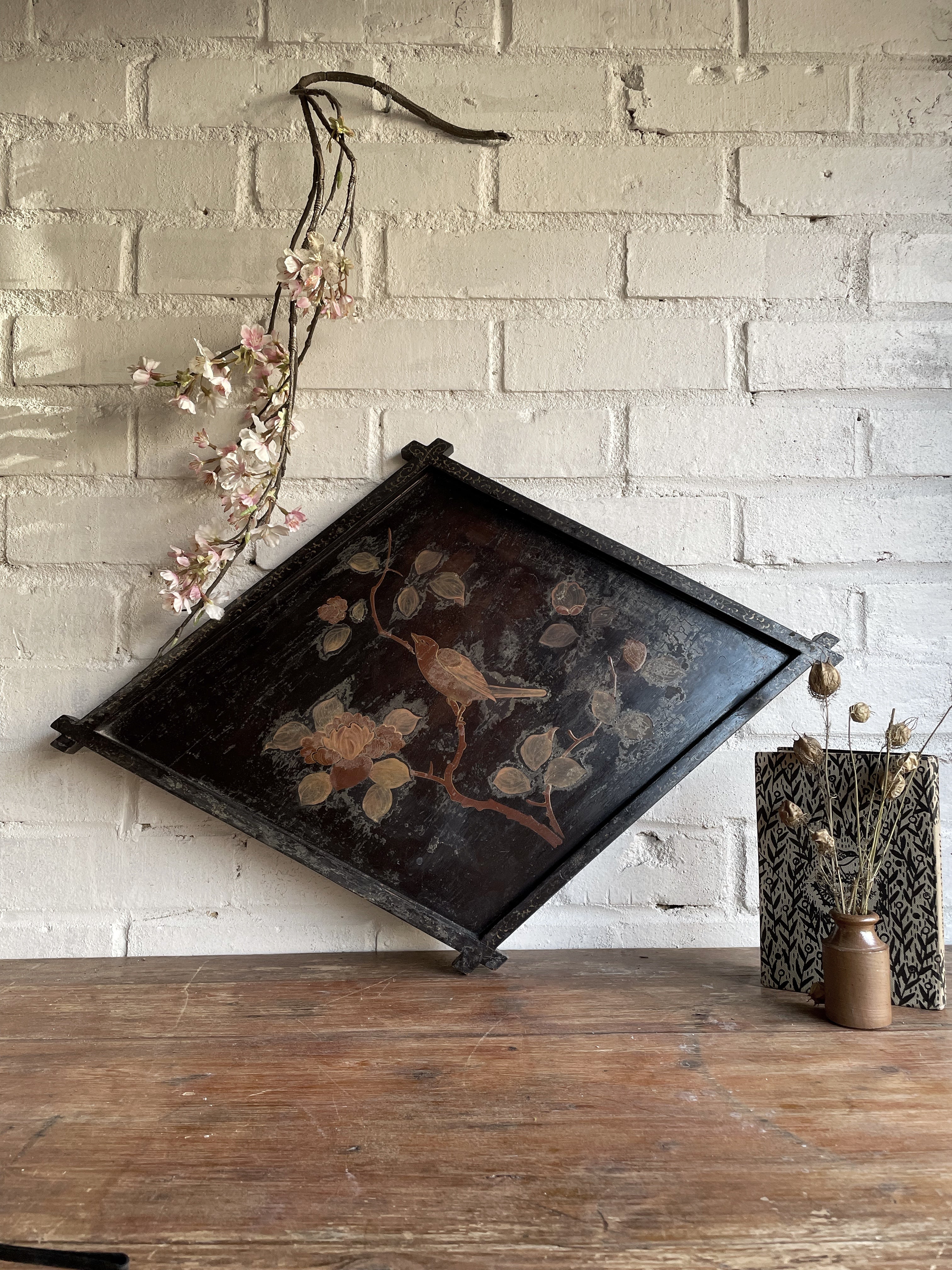 19th century Japanese Lacquered Tray with birds and trees