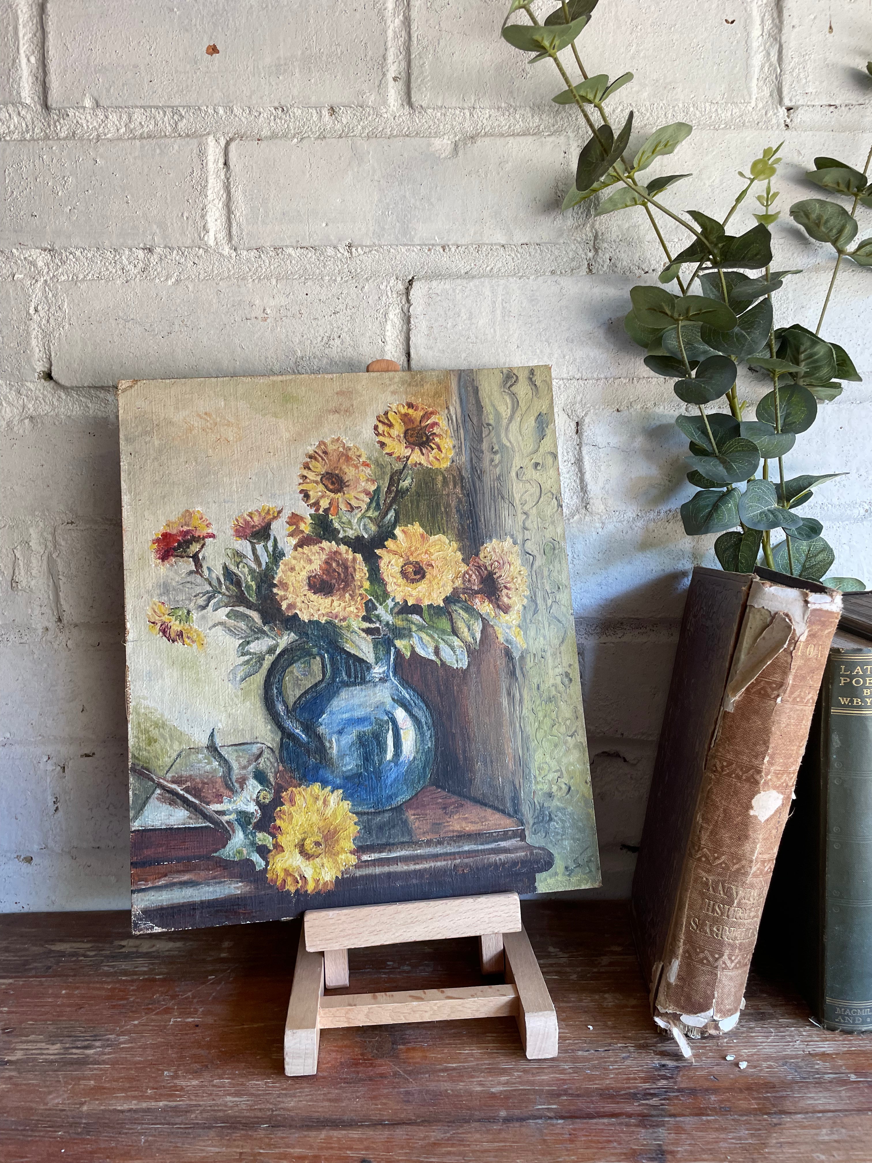 Floral Still Life: Small Oil on Paper on Board