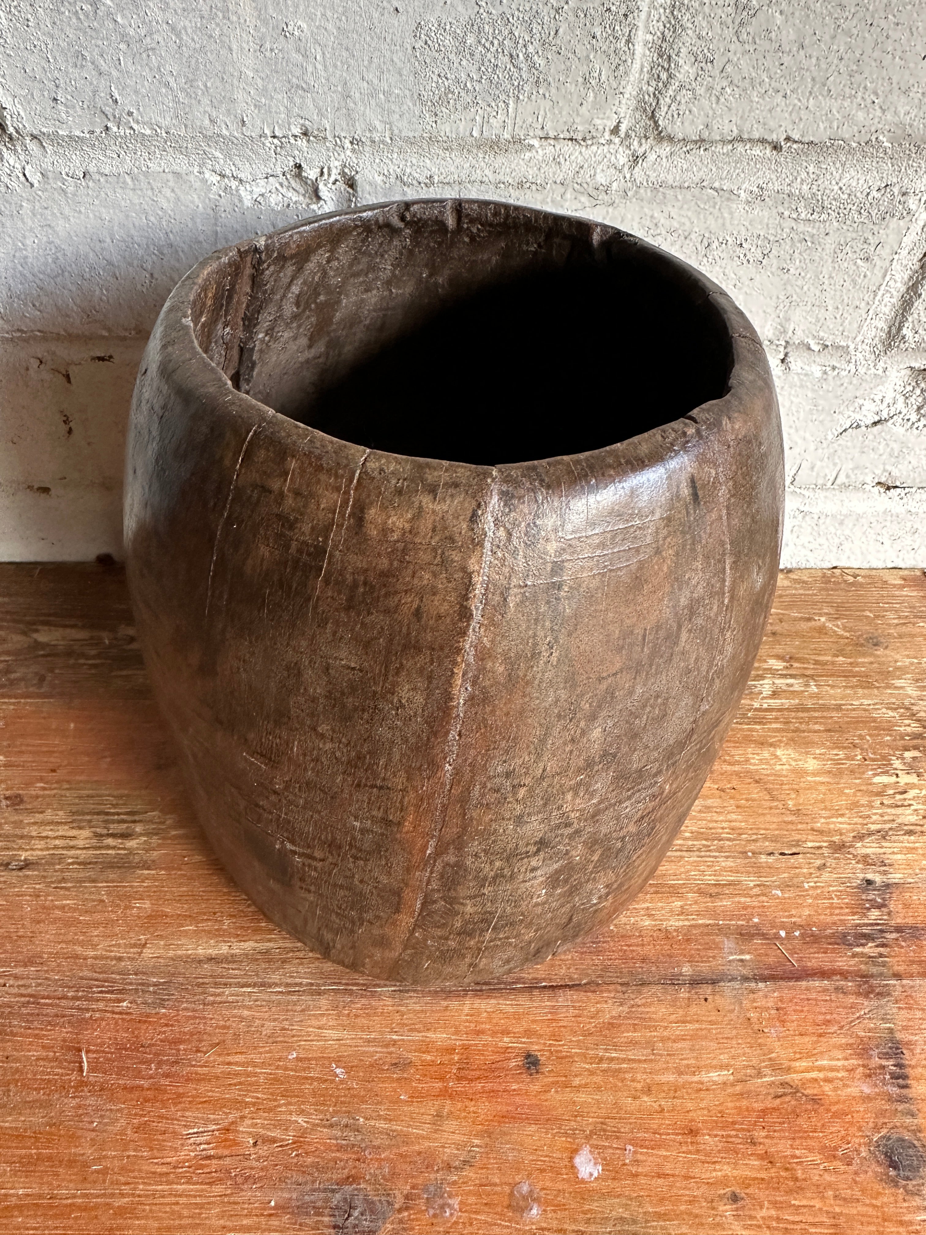 19th Century Indian Hand-Carved Wood Grain Measure Pot