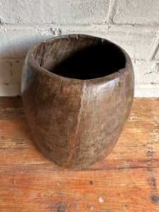 19th Century Indian Hand-Carved Wood Grain Measure Pot