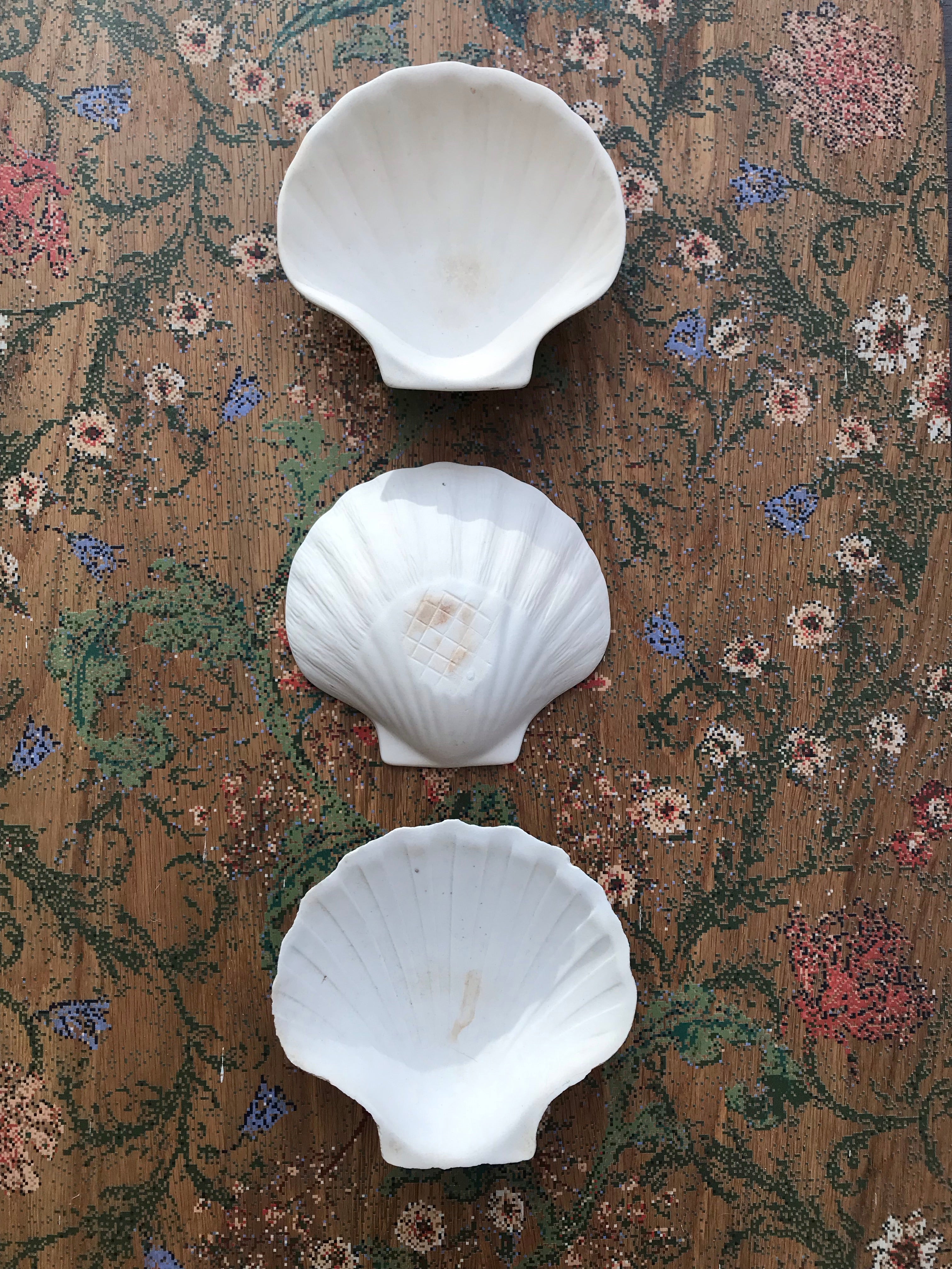 Trio of French vintage bisque porcelain scallop dishes