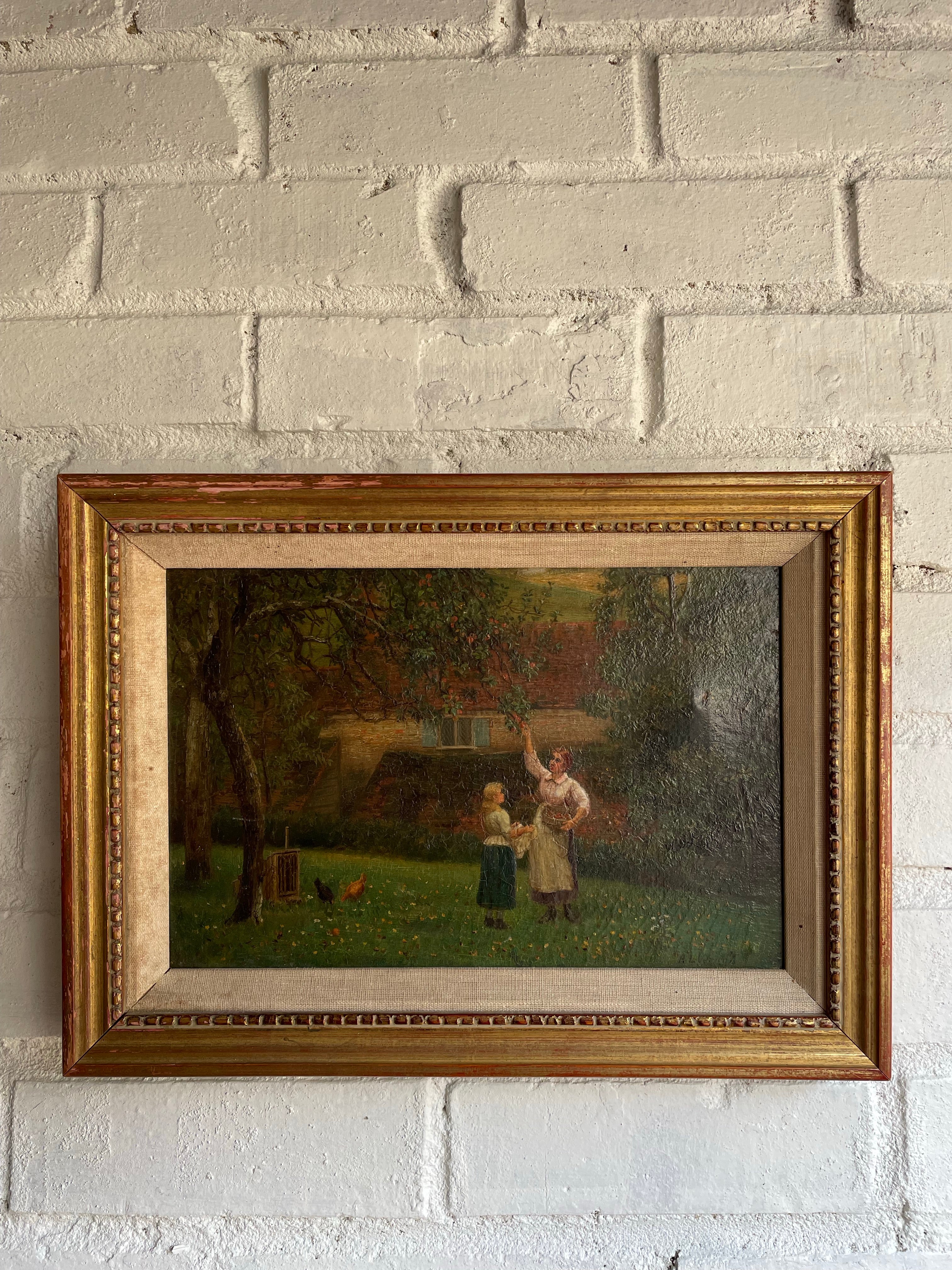 Apple Picking: 19th Century Oil on Canvas